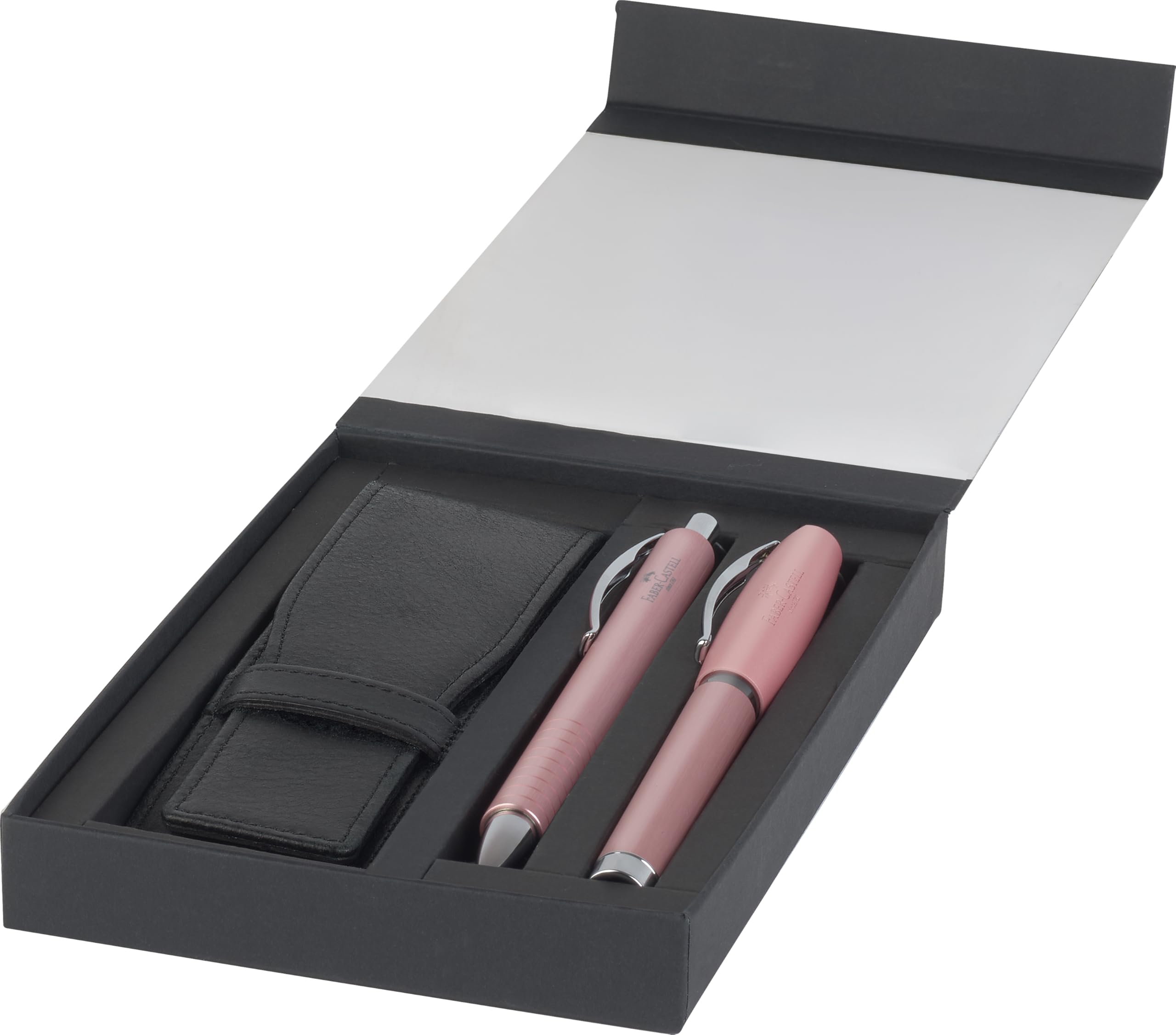 FABER-CASTELL 202188 Essentio - Set de regalo de aluminio rosa con pluma estilográfica, bolígrafo y estuche para bolígrafos