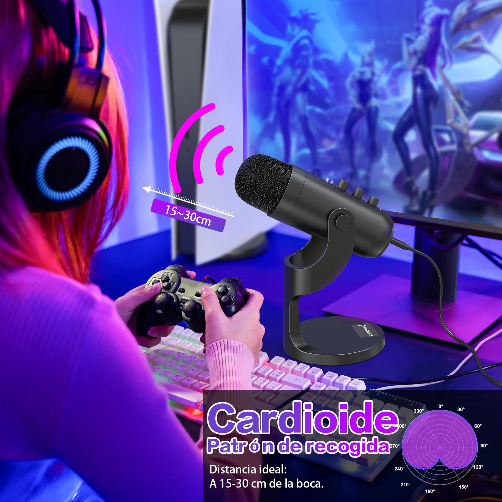 zealsound Micrófono USB para PC, Móvil y Tablet, Micrófono de Condensador de Sobremesa con Reducción de Ruido, Silencio, Monitorización y Eco, para Gaming, Streaming, Podcast, ASMR, Negro