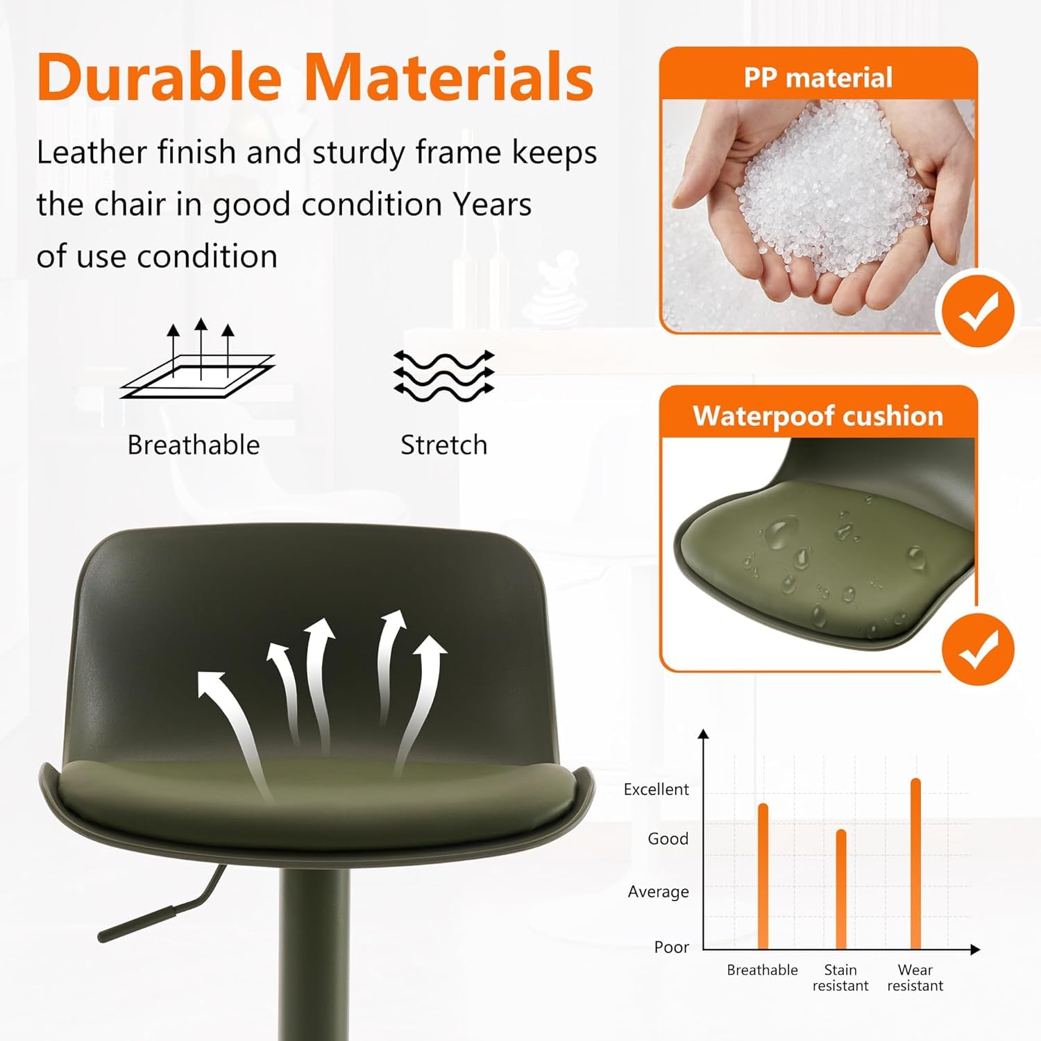 YOUNIKE Sgabello da Bar Verde Set di 2, Sgabelli da Cucina Girevole 360° Regolabili Altezza con Poggiapiedi, Moderno Seggiolone per Bar, Cucina, Bancone
