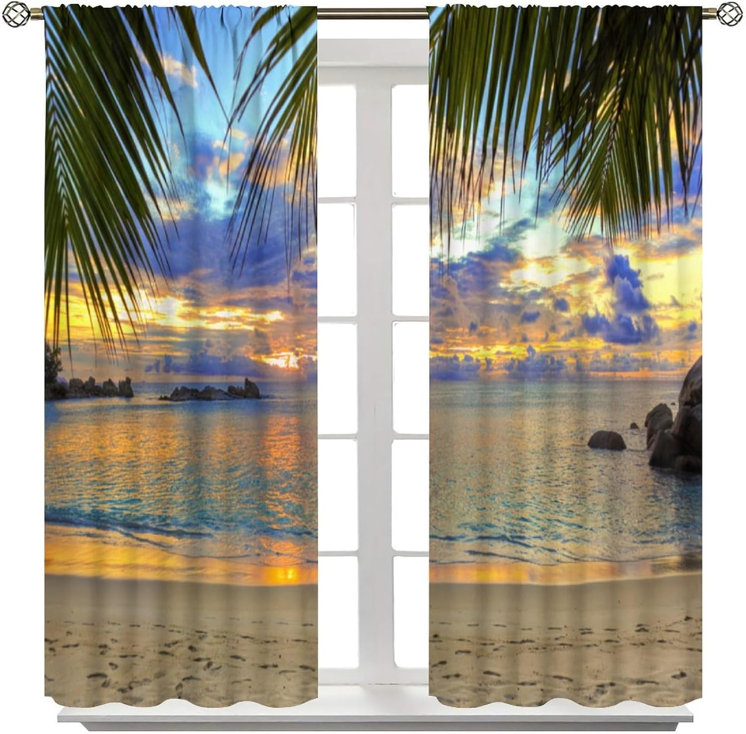 Seaside Beach Blackout Curtains,Beach Hawaii Palm Tree Blue Sky Sea Pattern Drapes Window 2 Panel Rod Pocket Curtain for Bedroom Living Room Decor 55" W X 63" L