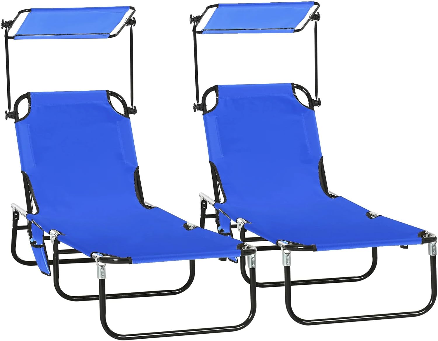 Folding Chaise Lounge Pool Outdoor Chairs, Outdoor Sun Tanning Chairs with Canopy Shade, Reclining Back, Steel Frame and Side Pocket for Beach, Yard, Patio, Blue