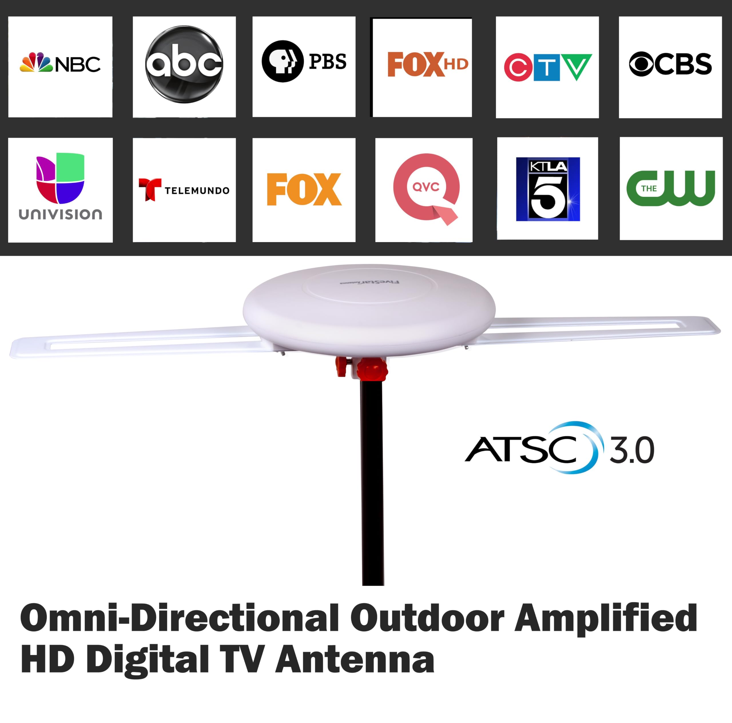 Five Star Antenne TV numérique HD omnidirectionnelle 2024 améliorée à 360 degrés, kit d'installation 4 téléviseurs pour grenier ou extérieur, résistant aux intempéries, prend en charge ATSC 3.0 et 4K