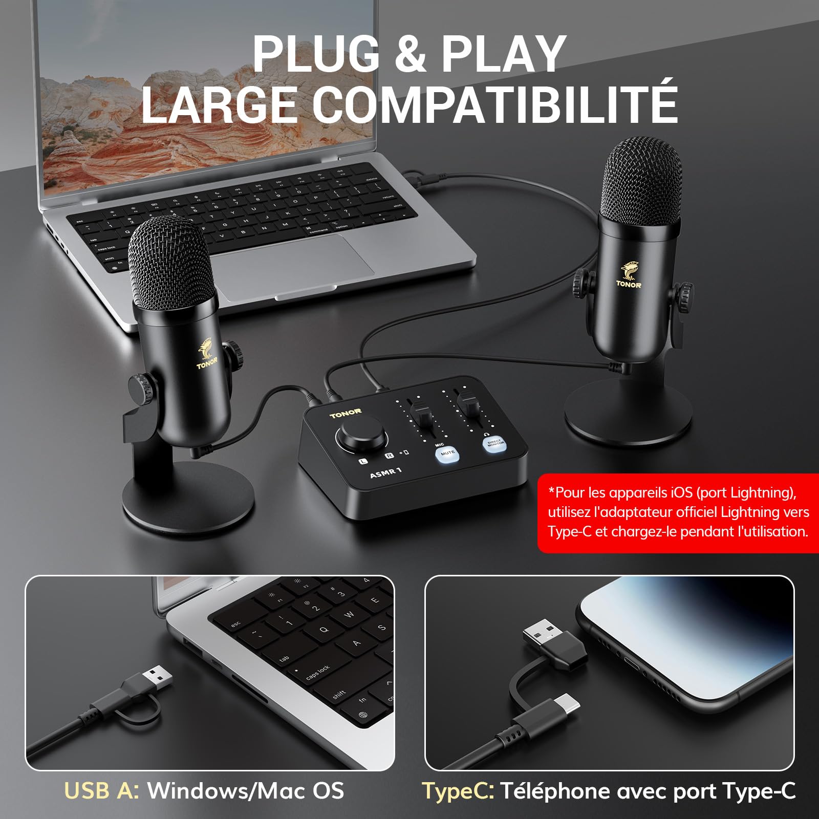 TONOR Ensemble D'équipements Micro ASMR, Microphone à Double Condensateur avec Interface Audio, Audio 3D Immersif, Son Clair, Contrôle du Volume, Kit pour ASMR, Podcast, Enregistrement, Noir