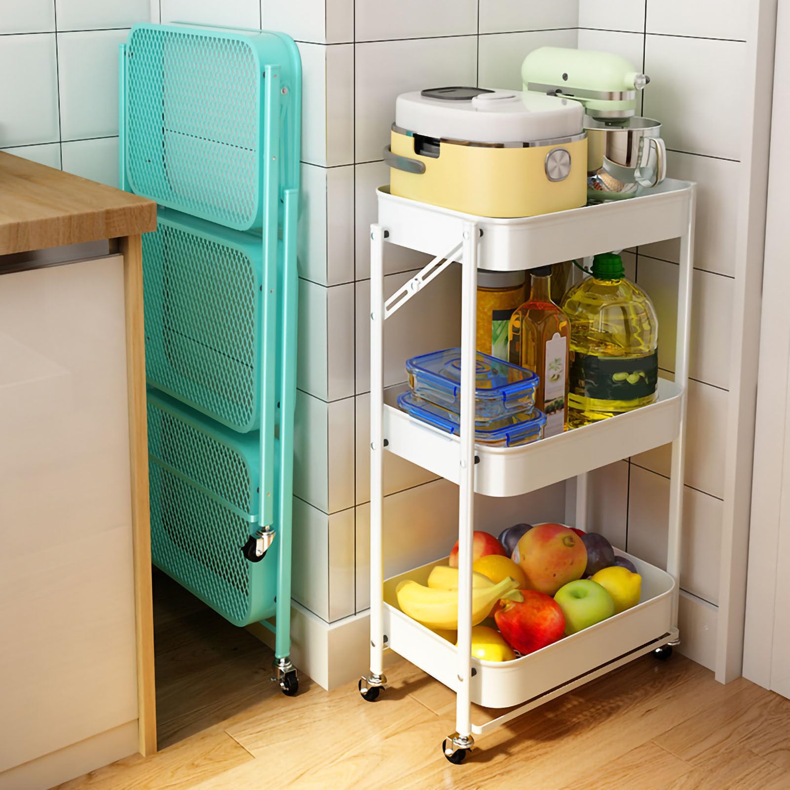 Aramox Carro de Almacenamiento Carro Organizador de Almacenamiento con Ruedas de Acero Al Carbono Utilitario Plegable Extraíble de 3 Niveles para Cocina, Dormitorio, Baño, Lavandería, Oficina (White)