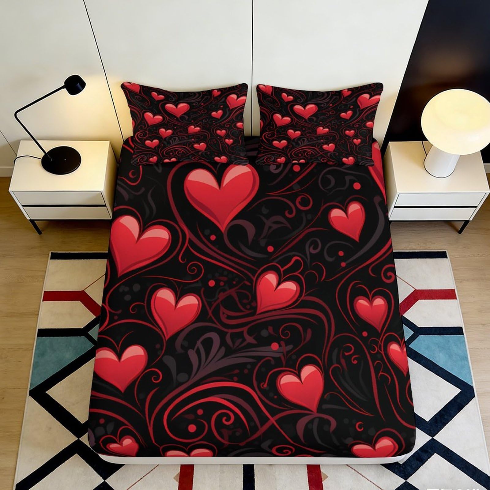 3D Printed Heart Pattern Fitted Sheet Microfiber Deep Pocket Non-Slip Bedroom Bedding Heart Mattress Fitted Cover Wrap 180x200x25cm