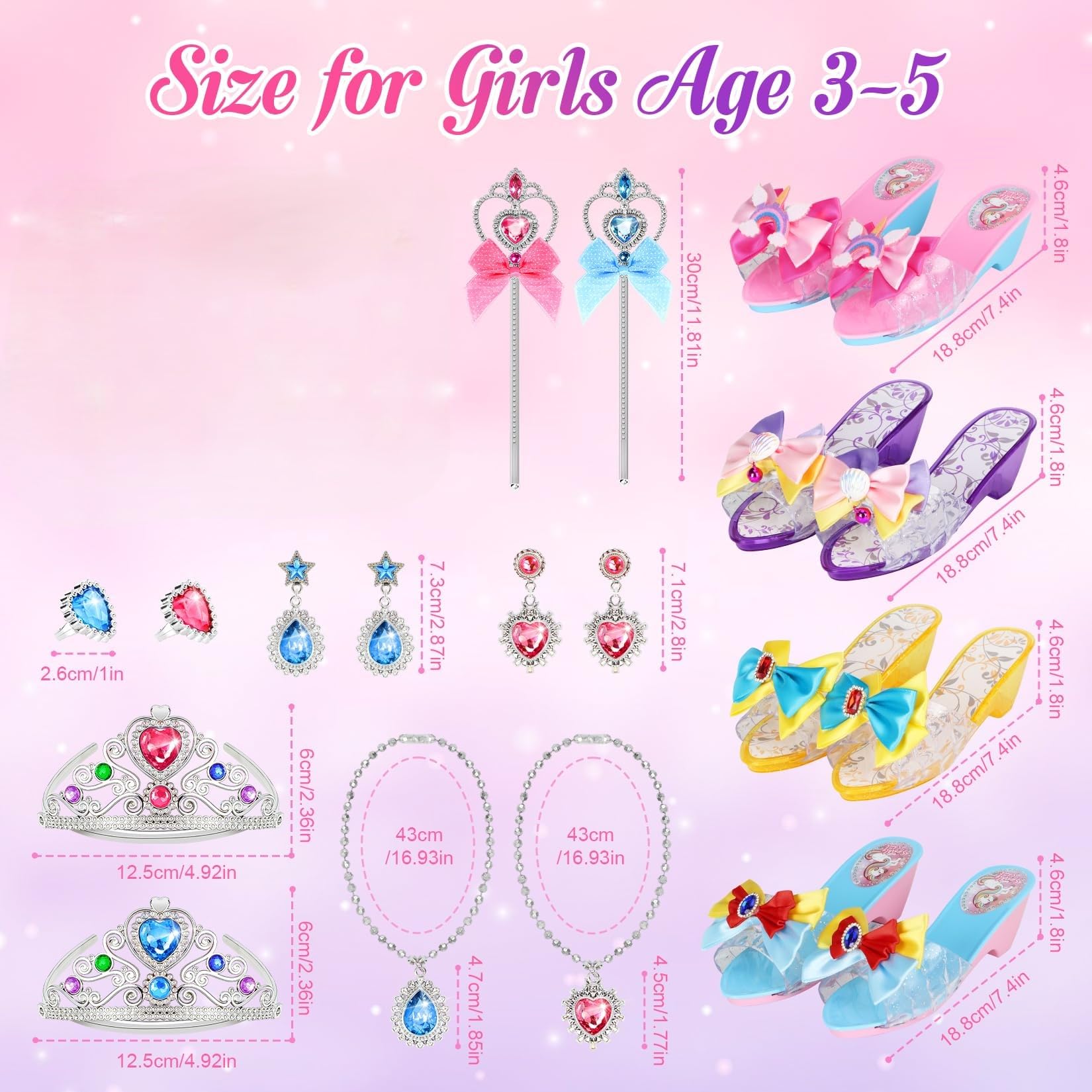 Prinzessin Schuhe Mädchen, Kinder Stöckelschuhe mit Absatz, Zubehör Set mit Krone Zauberstab Schmuck,Glitzer Design,Spielset Verkleidung Karneval,Rollenspiel Zubehör,Geburtstag Weihnachten für Mädchen