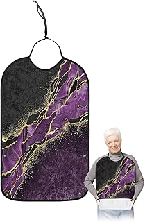 Marble Purple Adult Bib for Eating with Crumb Catcher,Washable & Waterproof Terry Cloth Adjustable Elderly Women Men Adult Bibs Funny Apron Clothing Protector Abstract Modern Minimalist Black Gold