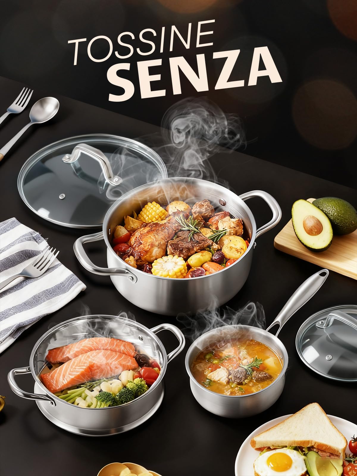 Pentole Induzione, Set Pentole Induzione 15 Pezzi, Batteria Pentole Senza Rivestimento Con Insert Per Vapore, Set Pentole Acciaio Inox Compatibile Con Tutti I Tipi Di Cucine