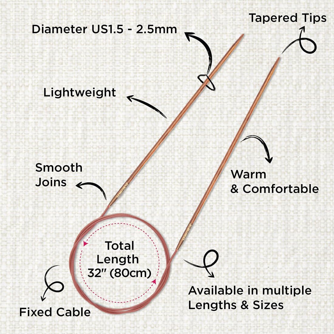 KnitPro Ginger Fixed Circular Needles 32" (80cm) | US Size 1.5 (2.5mm)