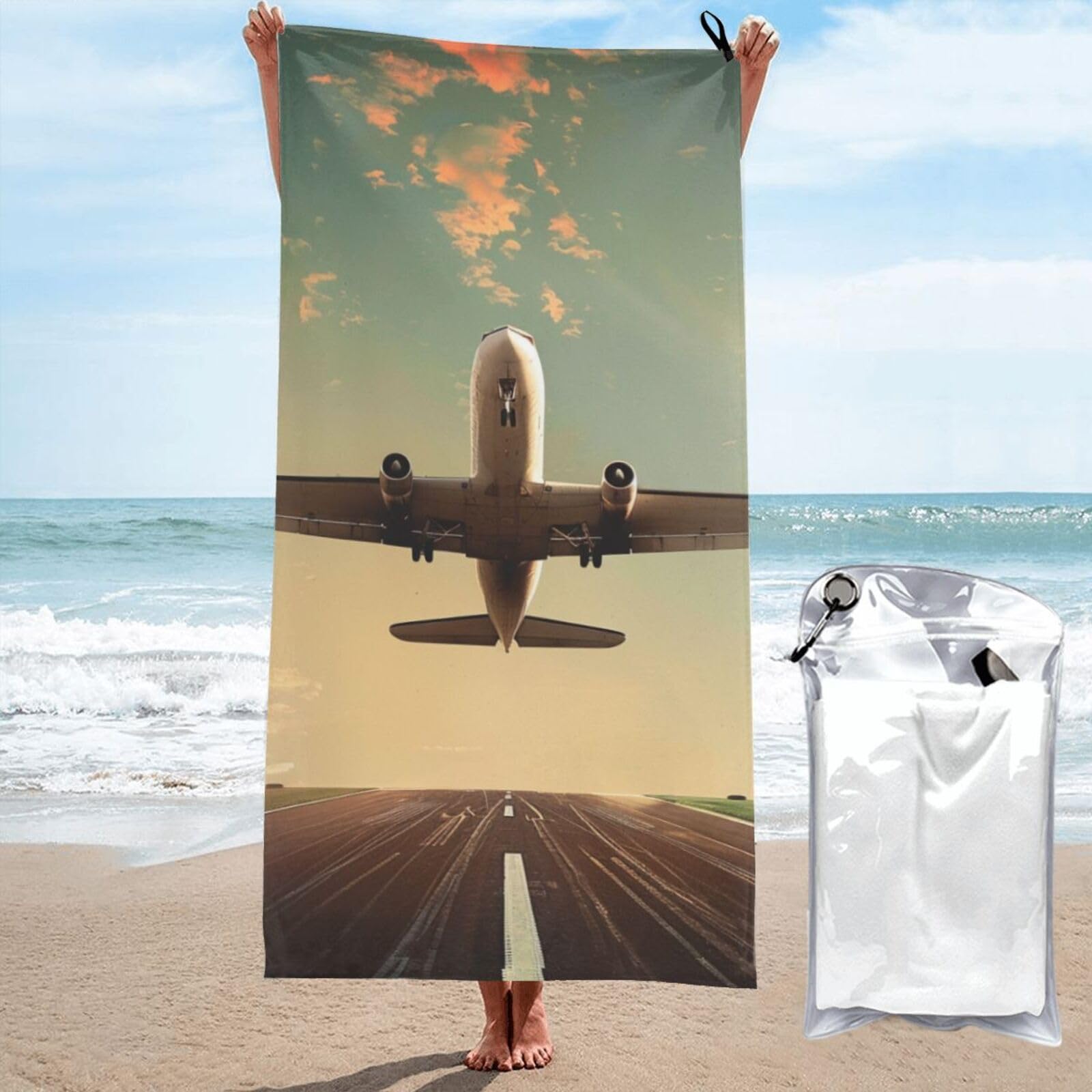 BWWHCCTI Airplane Printed Microfiber Quick Dry Beach Towel 70x140 CM, Fast Drying Bath Towels with Bags for Travel,Camping,Gym,Beach,Swimming,Yoga