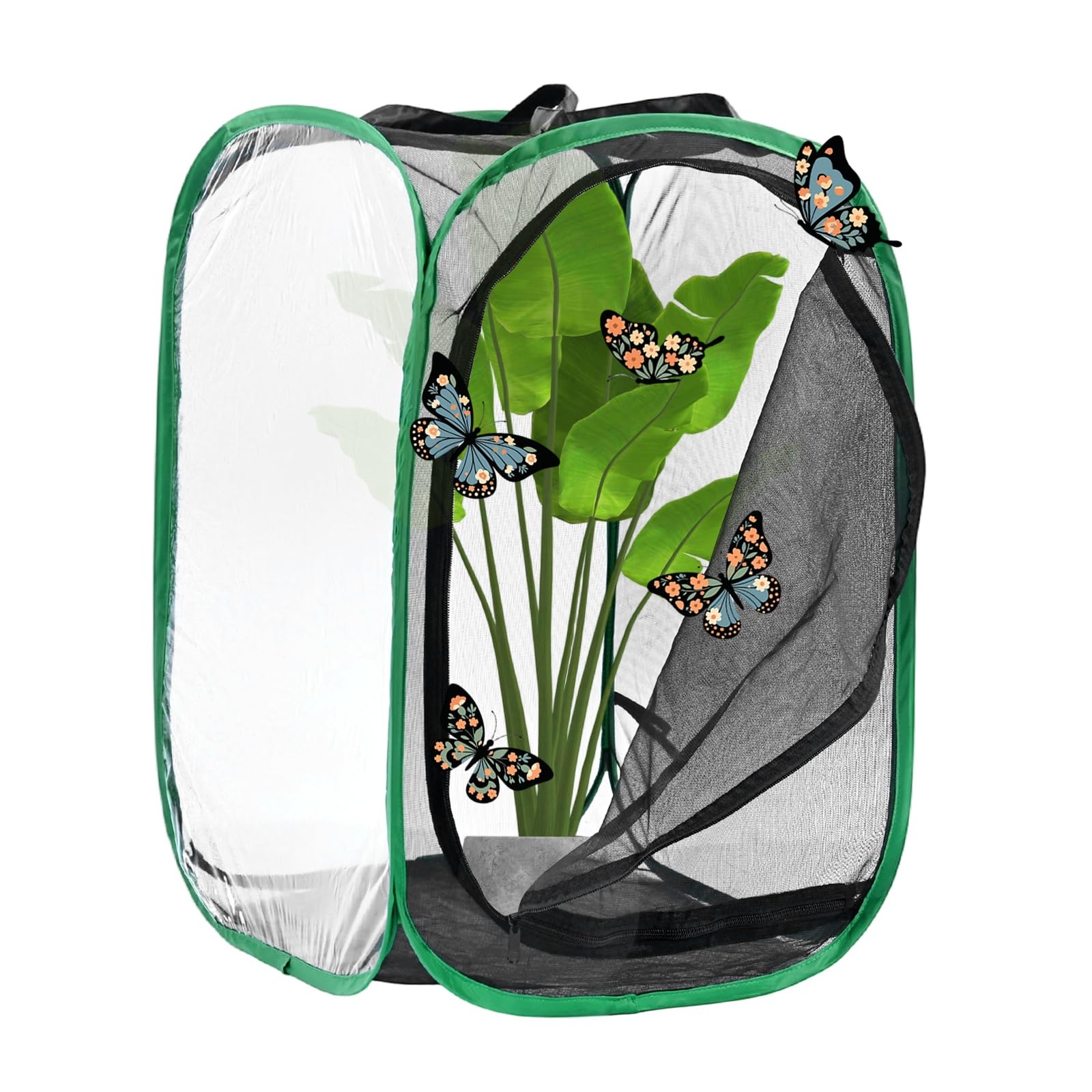 M METERXITY Butterfly Habitat Cage Terrarium, Outdoor Collapsible Mesh Pop-up with Zipper Protection for Breeding Butterfly/Ladybug, Mesh Plant Enclosure [Black with Green, 24 x 16 x 16 Inch]