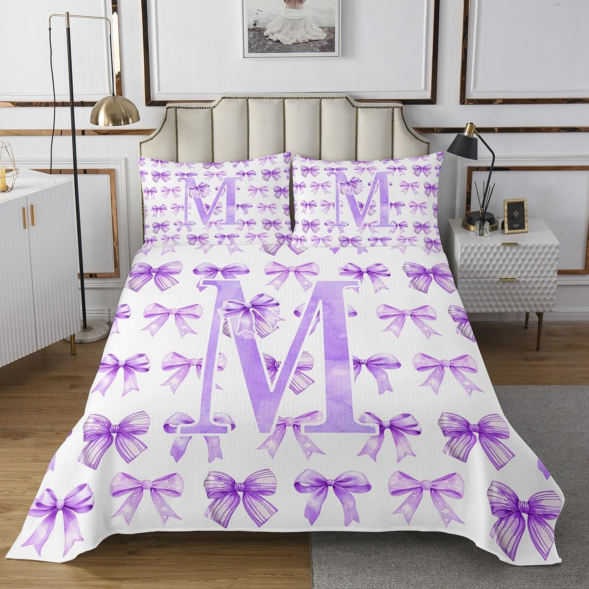 Erosebridal Purple Initial M Kids Coverlet Set King for Girls Coquette Bow Bedspread Set Princess Aesthetic Bedding Sets Dreamy Monogram Cartoon Cute Bed Sets(M)