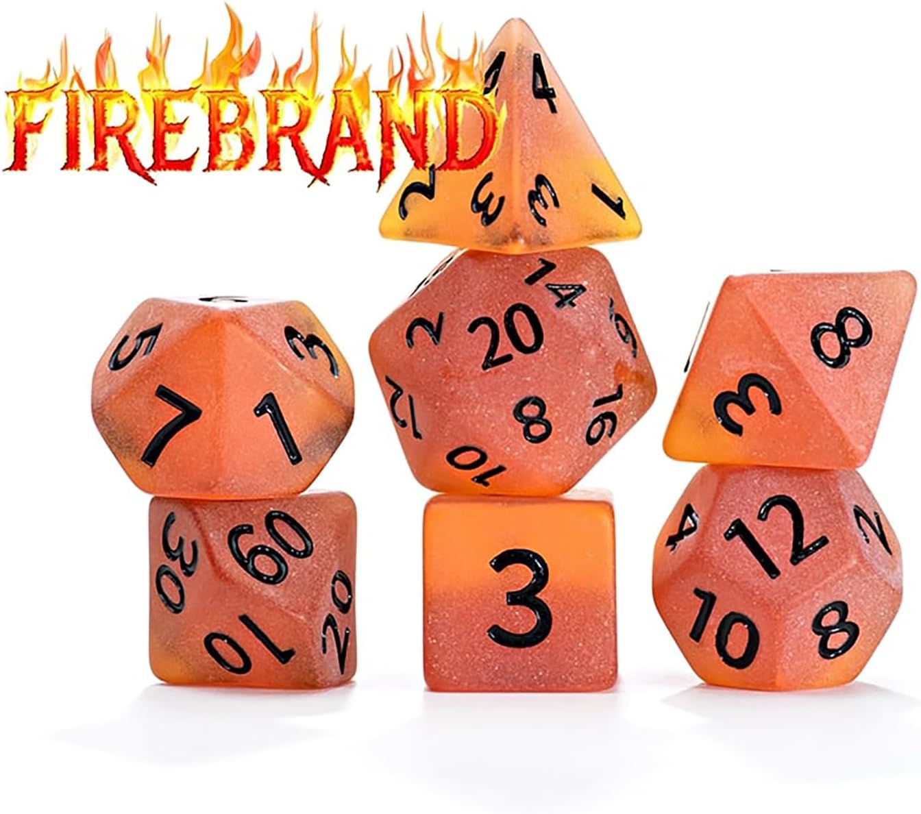Gate Keeper Games and Dice: Sea Glass Dice: Firebrand - 7pc RPG Set, Flaming Yellow & Fire Damage Orange Frosted Matte Resin, Role Playing Games Dice