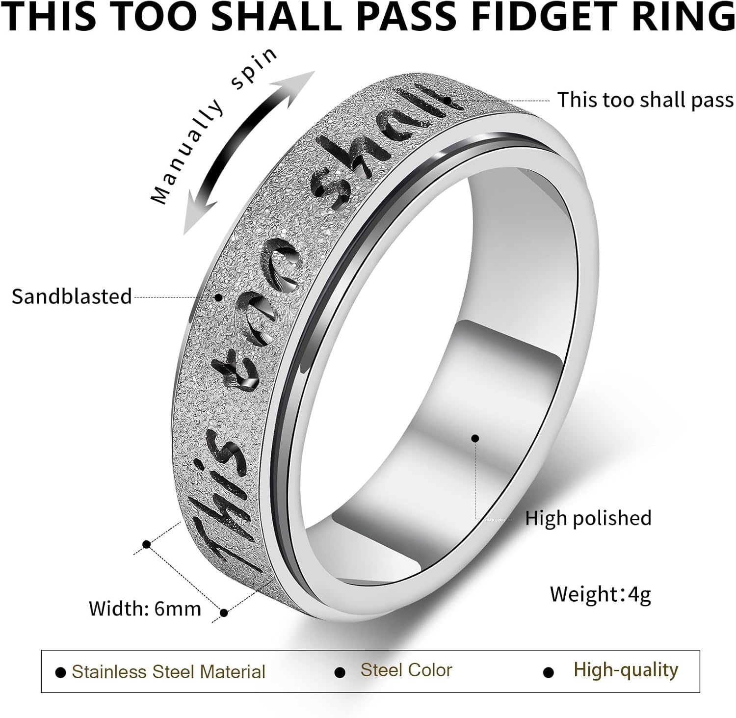 Fidget Spinner Ring for Women - THIS TOO SHALL PASS Stainless Steel 18K Gold Plated Anxiety Rotating Inspirational Ring for Stress Relief, Thumb Hope Rings Jewelry Gift for Women Men - Image 7