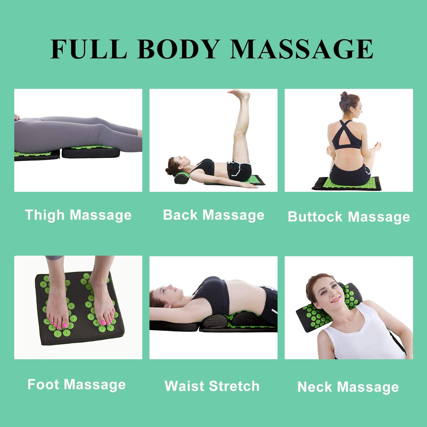 Luxury Acupuncture Mat 4pcs Set with Gift Case - Acupressure Mat and Pillow Set - Foot Massager Pad - Back Stretcher - Naturally Relax Back, Neck and Feet Muscles - Stress and Pain Relief (Black) : Health & Household