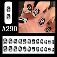 Vista 3 de Uñas postizas cortas negras a presión, con forma de ataúd, reutilizables, con pegamento, uñas adhesivas con diseños de llama plateada, uñas