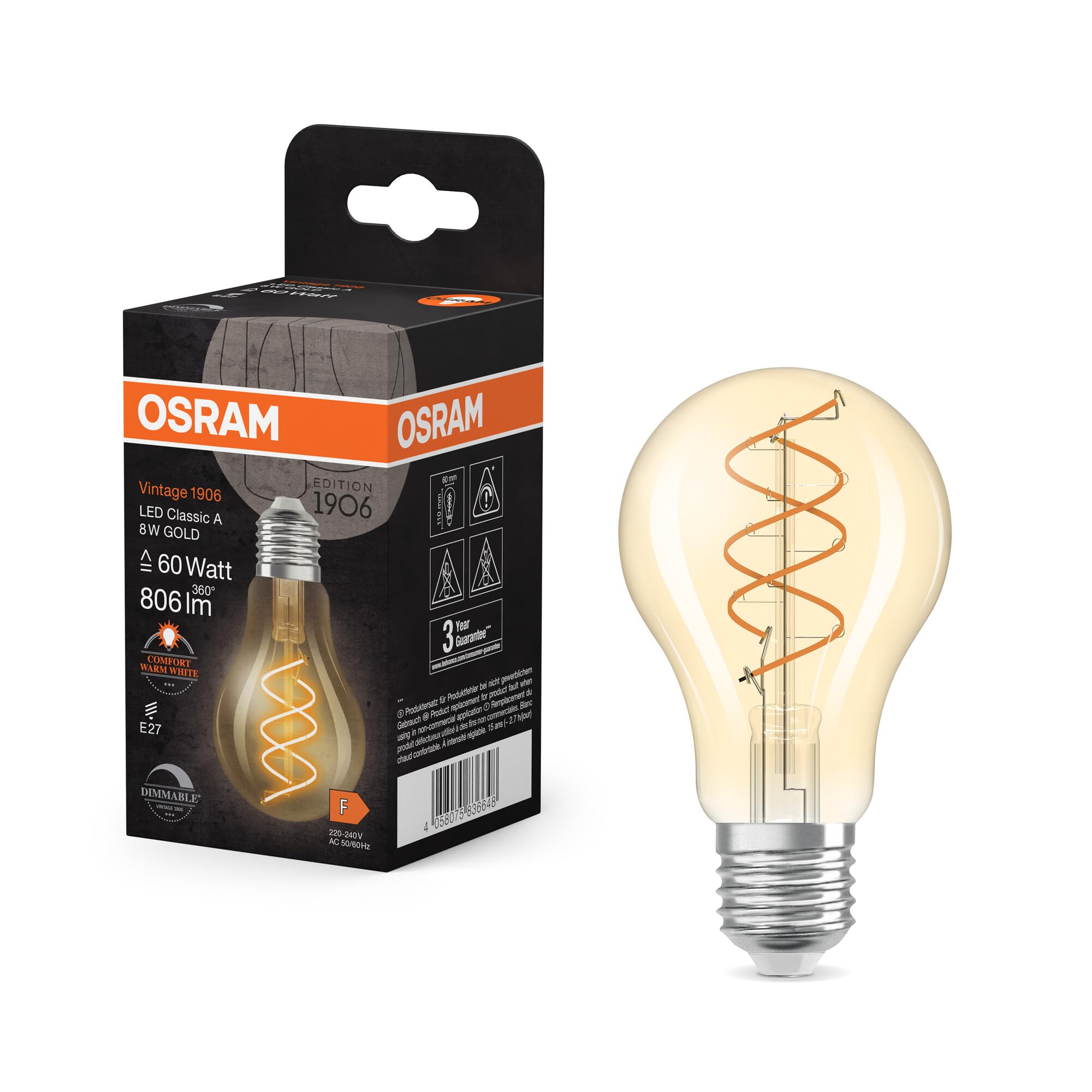 Osram Vintage 1906 Classic ist eine warmweiße, dimmbare LED-Lampe in Kolbenform mit spiralförmigem Filament. Sie bietet 8 W für 806 lm, E27 Fassung, goldfarbenes Glas, 60 mm Durchmesser, 2200 K.