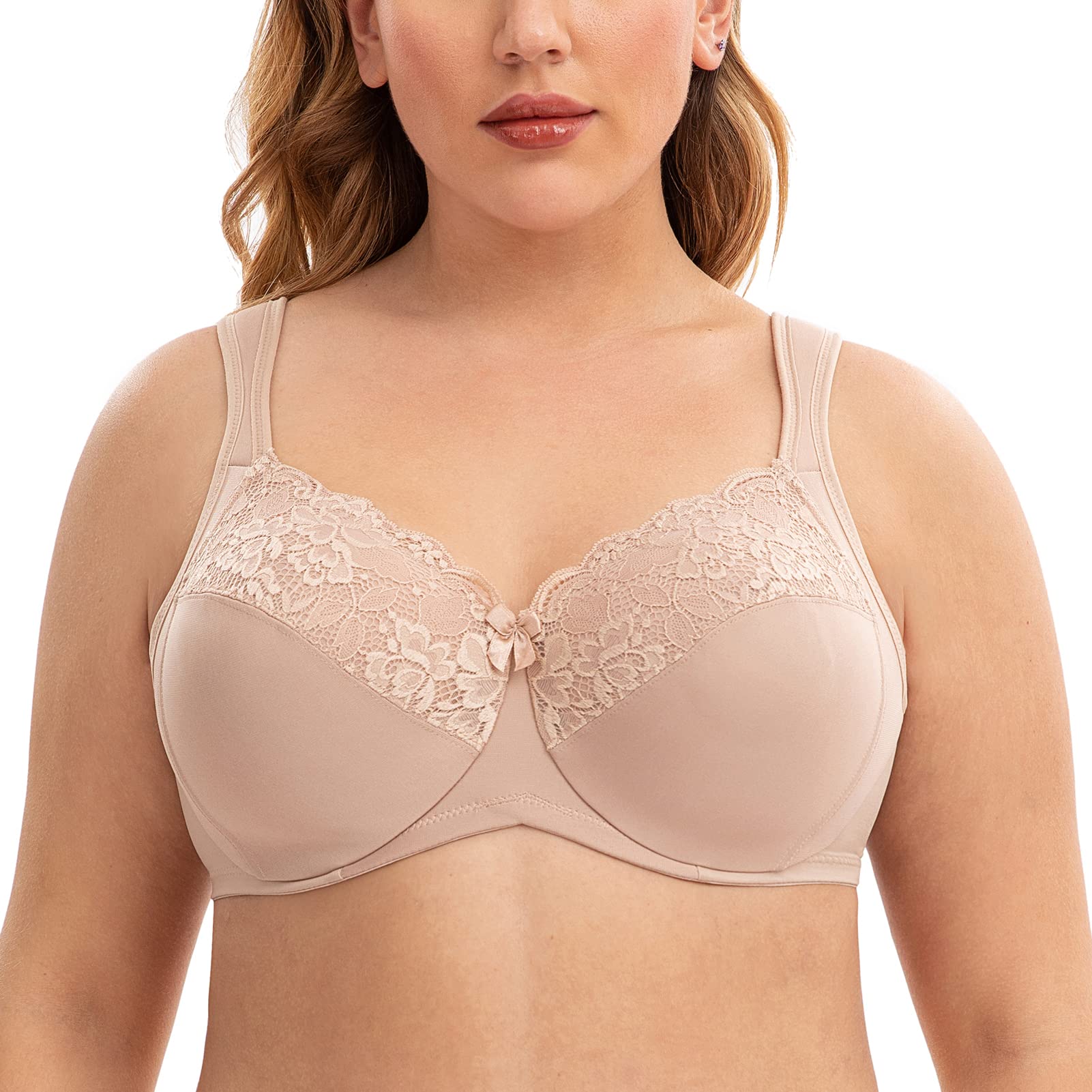 CASOLACE Women's Minimizer Cushion Strap Plus Size Full Coverage Lace Unlined Bra Beige 36I