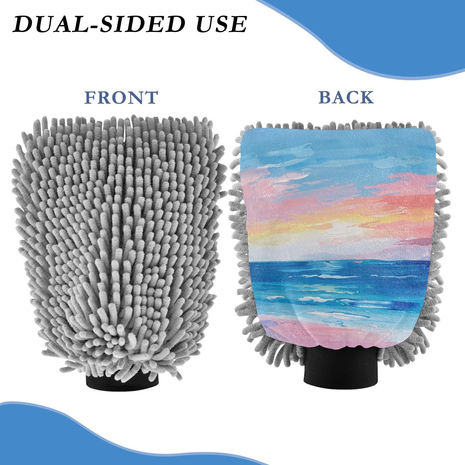 GakkiGii Watercolor Seaside 2 Pack Microfiber Car Wash Mitts, Dual-Sided Chenille Gloves, Scratch-Free for Auto Detailing & Home Cleaning, L