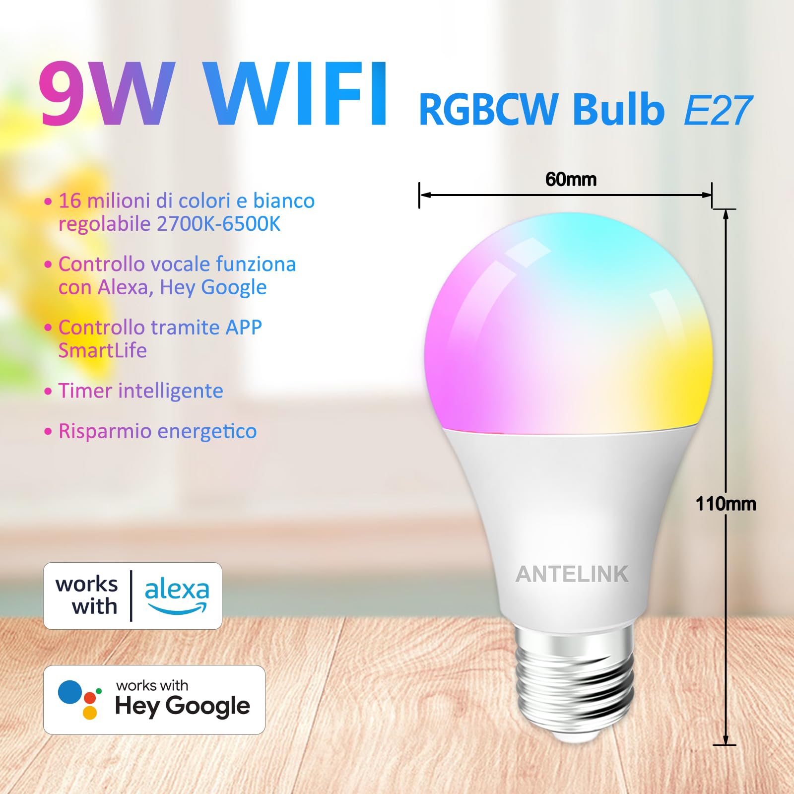 Lampadina Wifi Smart LED Dimmerabile RGB 9W 806lm Compatibile con Alexa Google Home, Bianco Freddo Caldo 2700K~6500K Tuya APP, 2 Pz.