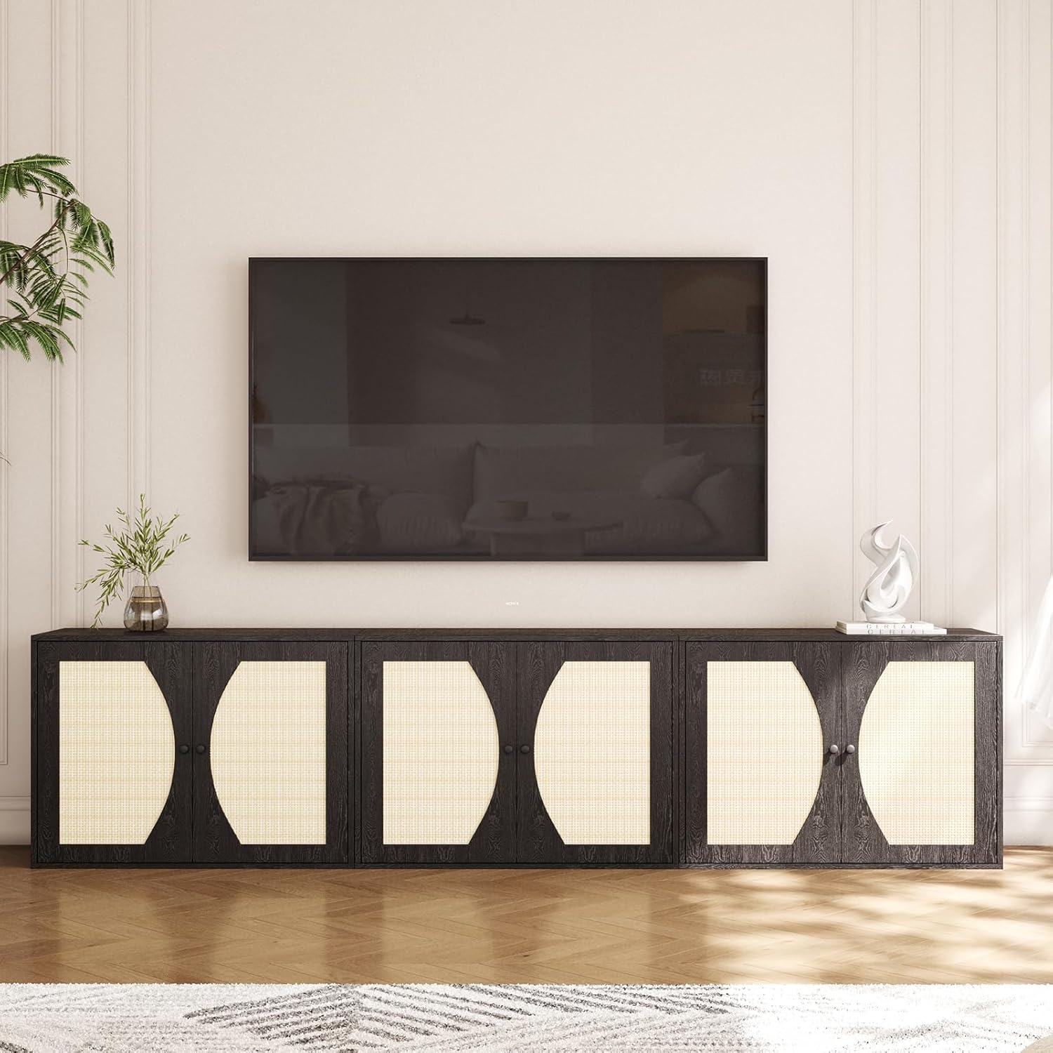 4ever2buy Rattan Storage Cabinet with Doors, Rattan Sideboard with Adjustable Shelves, Black Storage Cabinet for Living Room，Kitchen and Dining Room, Set of 3, Black