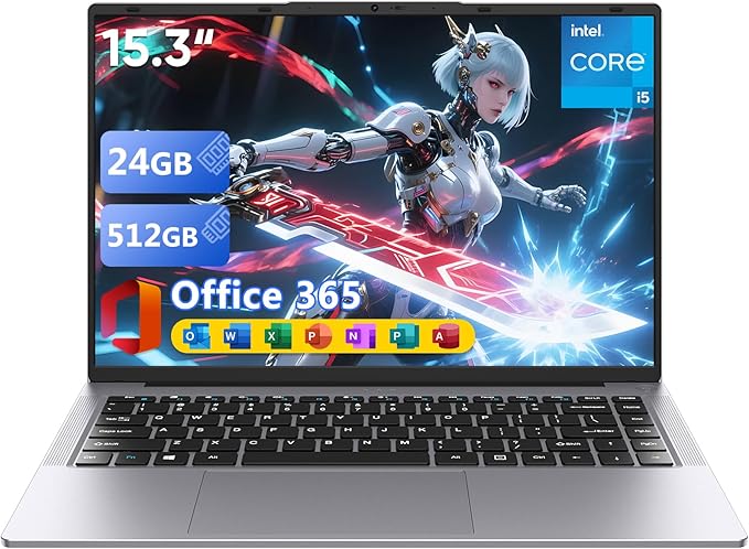 Ordinateur Portable15,3" Core i5 (Jusqu'à 3,6 GHz),Win 11 pro24 Go RAM/512 Go SSD, PC Portable, Écran 1920x1200 100% sRGB avec HDMI et USB-A, Autonomie Prolongée, Office Suite Inclus