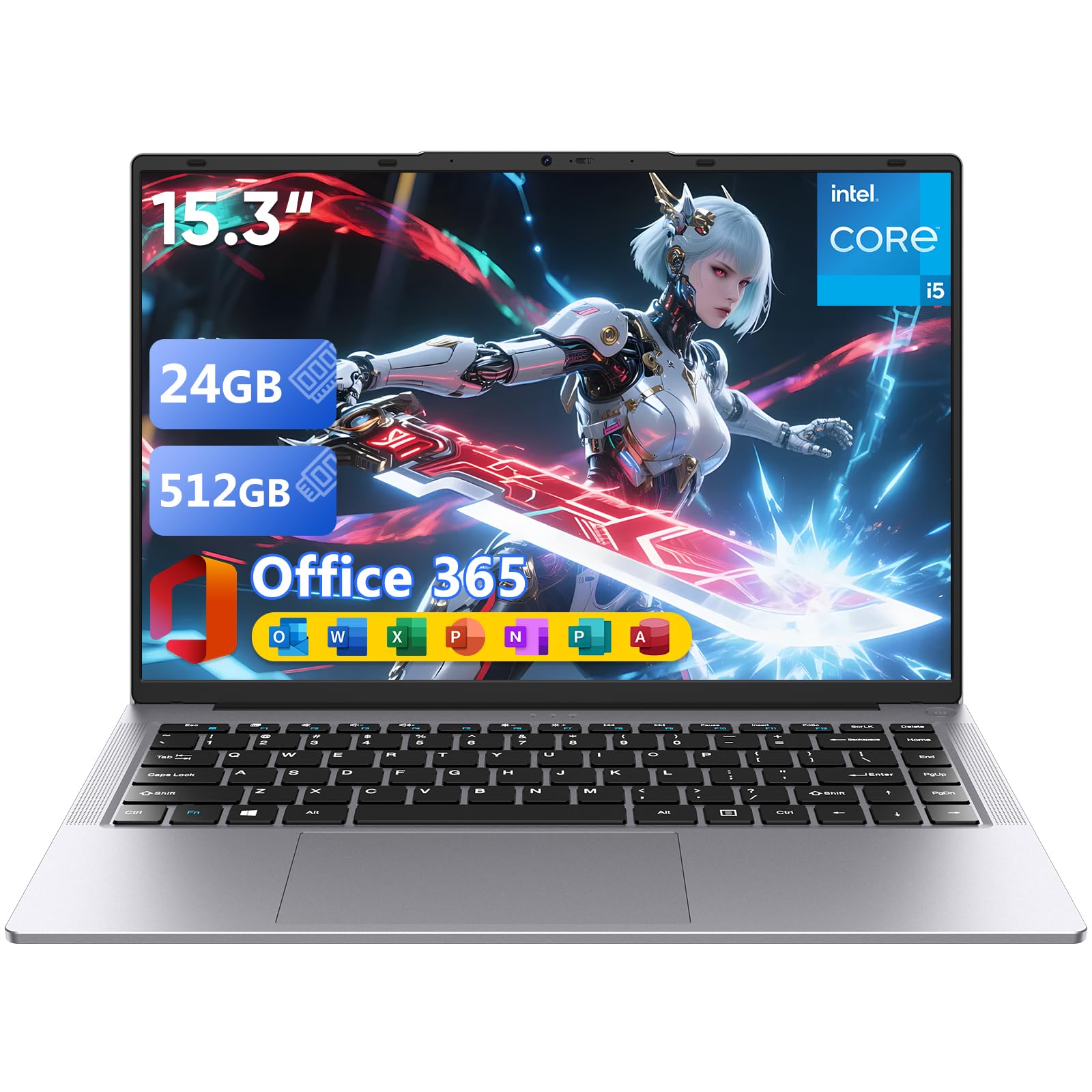 Ordinateur Portable15,3" Core i5 (Jusqu'à 3,6 GHz),Win 11 pro24 Go RAM/512 Go SSD, PC Portable, Écran 1920x1200 100% sRGB avec HDMI et USB-A, Autonomie Prolongée, Office Suite Inclus