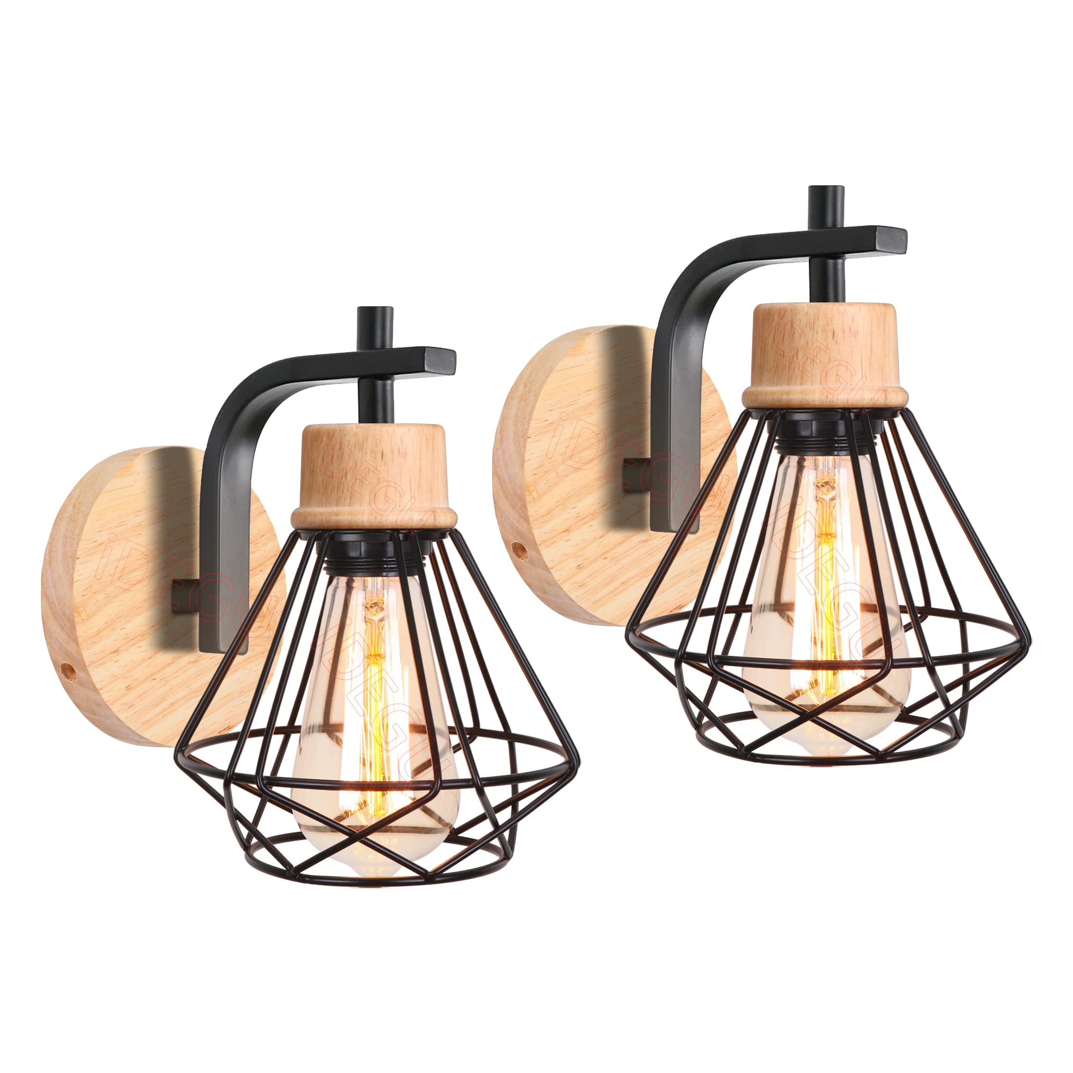 iDEGU 2 Piezas Apliques de Pared Industrial, 16CM Vintage Lámpara de Pared Interior de Madera Hierro Diseño Jaula Creativo Luce de Pared Retro E27 Iluminación de Pared para Dormitorio Salón (Negro)