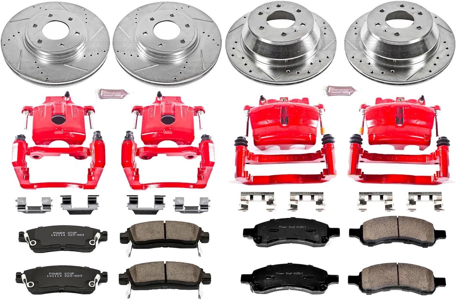 PowerStop Front and Rear Brake Kit For Chevrolet Trailblazer 2006-09 |Saab 9-7x 2008-09 - Powder Coated Calipers + Carbon Fiber Ceramic Brake Pads + Drilled & Slotted Rotors Upgrade, KC1454