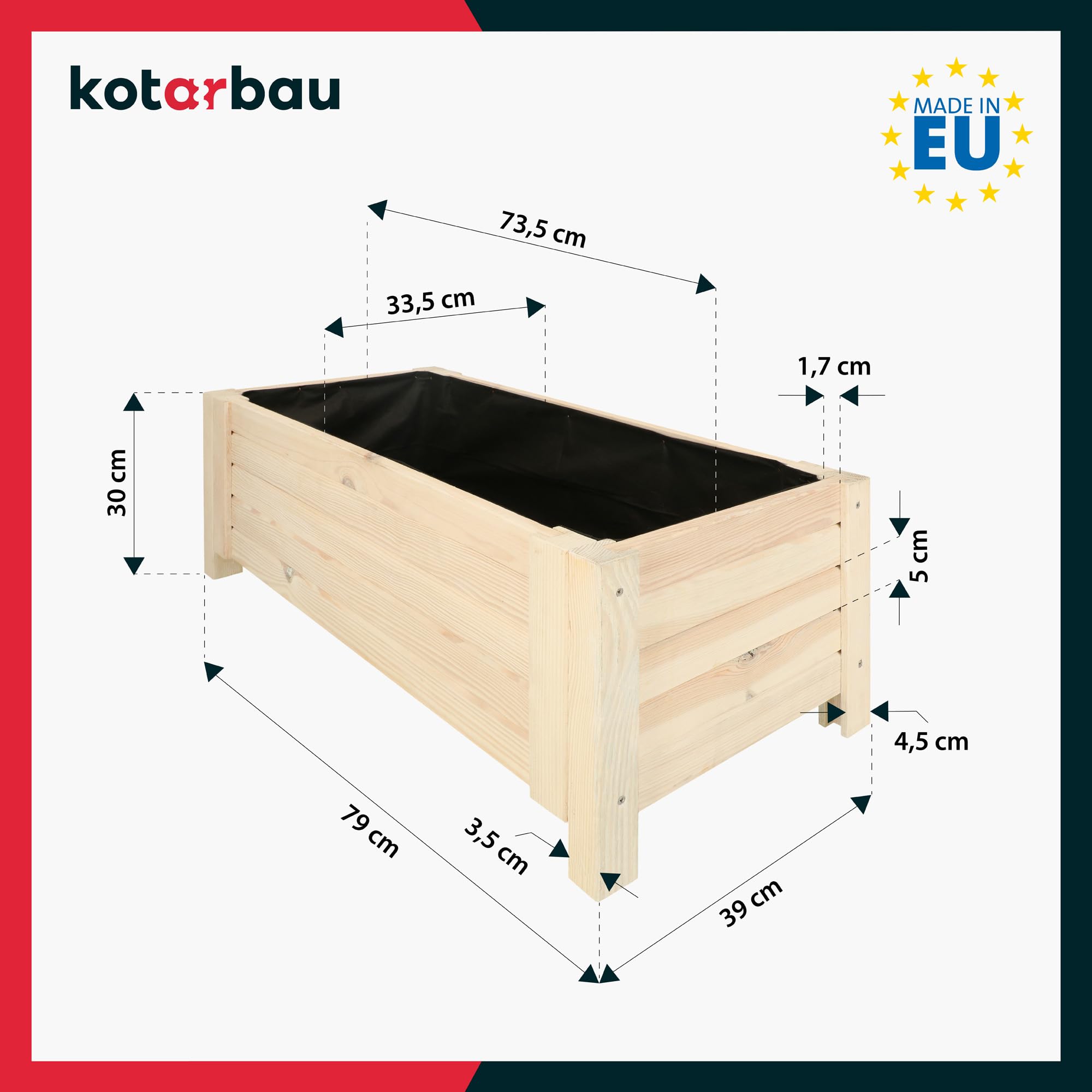 KOTARBAU® Jardineras Exterior - Macetas Exterior - Madera de Pino - 79 x 39 x 30 cm - Rústico - Macetero Rectangular - Grande - Macetero con Patas - con Velo Antimaleza - Decorativo