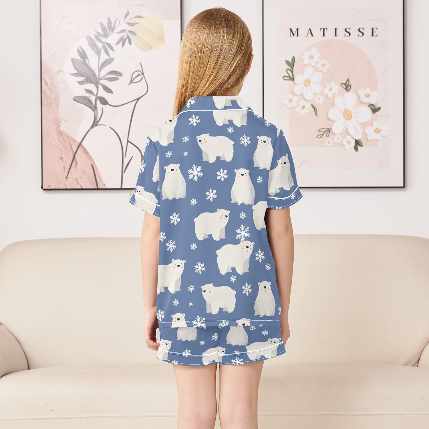 Kids Satin Wear Set Northern Bear Snow Flower Relaxed Fit Clothing Short Sleeve and Shorts