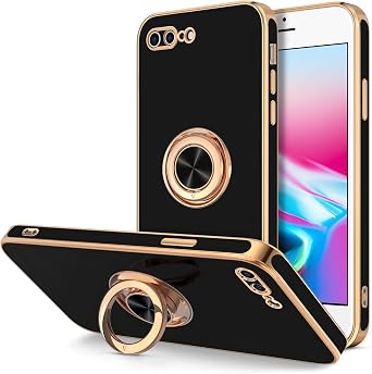 Hython Case for iPhone 8 Plus Case & iPhone 7 Plus Case Ring Holder Stand Magnetic Kickstand, Plating Rose Gold Edge Soft TPU Bumper Cover Shockproof Protective Phone Cases for Women Girls Boys, Black