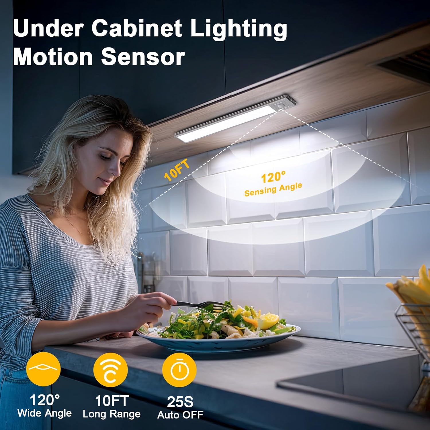 Onforu 9.8" Under Cabinet Lighting, 2000mAh USB-C Rechargeable, Motion Sensor Under Cabinet Lights with 3 Color & Dimmable, Magnetic Under Counter Lights for Kitchen, Closet, 6 Pack