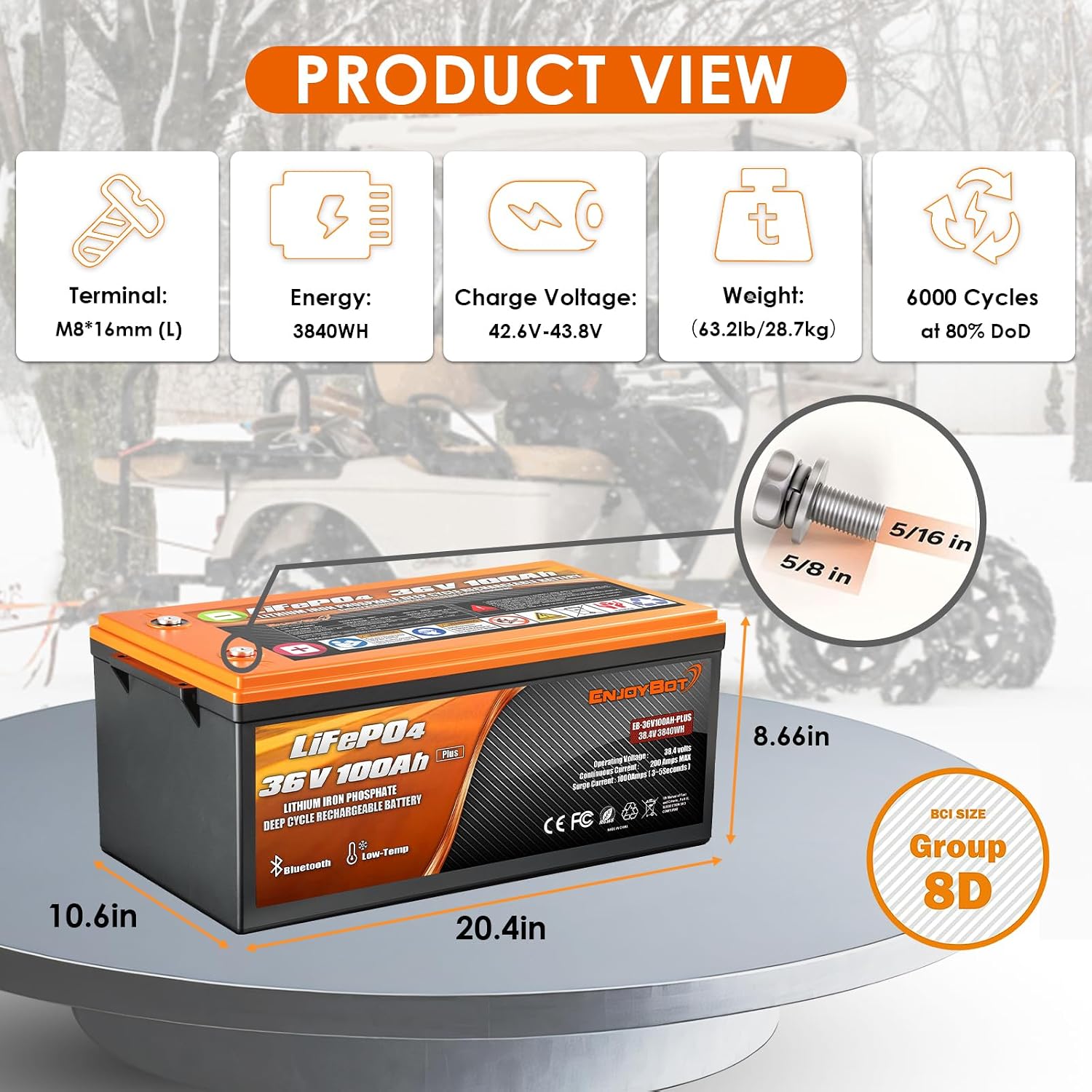 Enjoybot 36V 100Ah Plus LiFePO4 Lithium Golf Cart Battery, Built-in 200A BMS and Bluetooth, Support 2 Series Connection, Low Temp Cut-Off and Peak Current 1000A and 6000+ Cycles