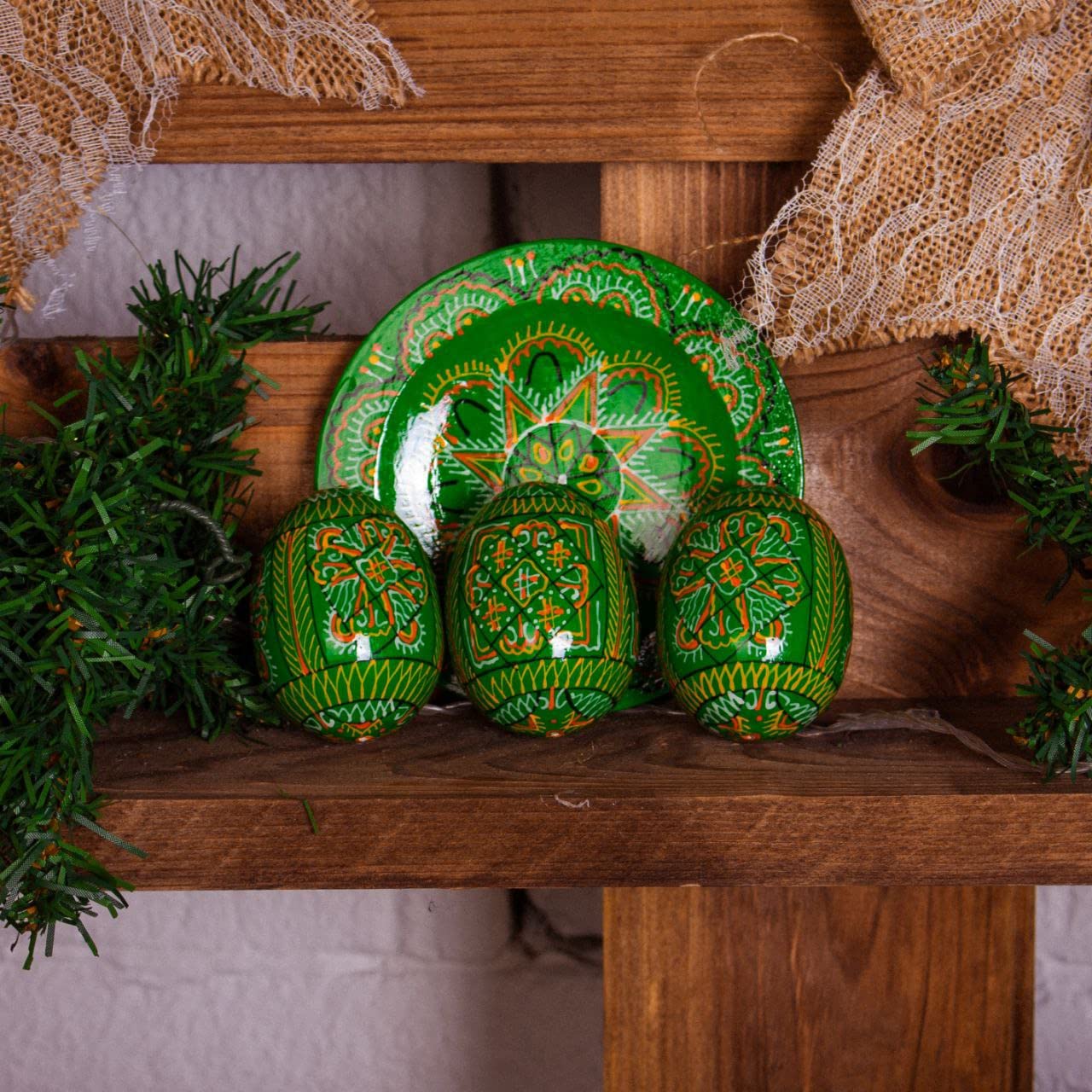 Ukrainian Hand-Painted Wooden Easter Eggs - Set Of 4 Pysanky In Beautiful Tapestry Pouch