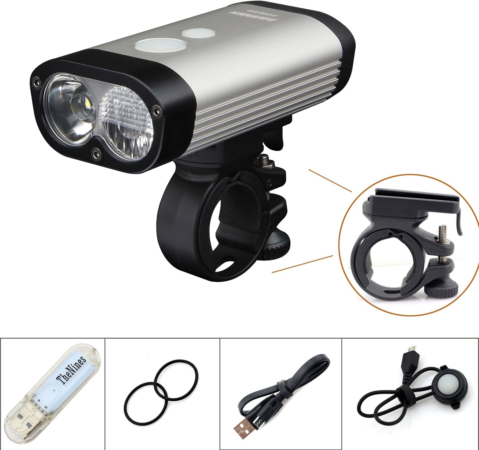 Ravemen PR600 Bike Headlamp USB Rechargeable Bicycle Front Light Max 600 Lumens 3 Modes and 8 Lighting Levels Cycle Headlights Automotive LED Remote Waterproof Headlight with THENINES USB Lights