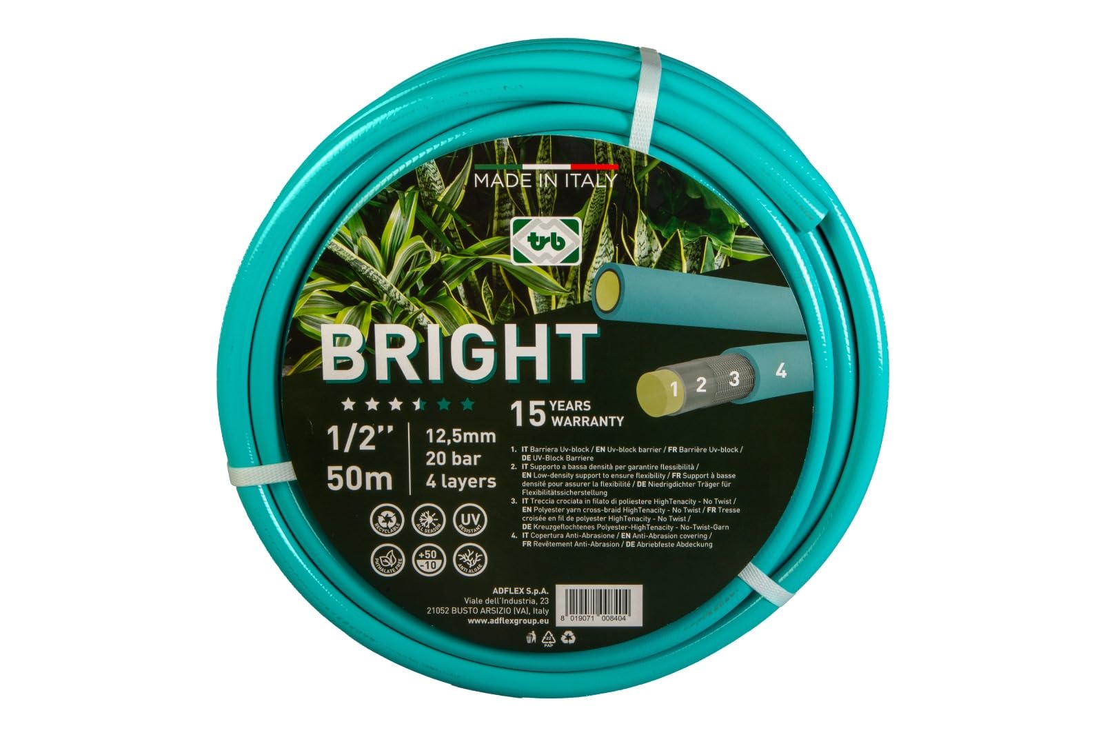 Tubo BRIGHT per Irrigazione, Ø12,5mm (1/2"), 4 Strati, Antitorsione, Resistente UV, Verde Acqua (50M)