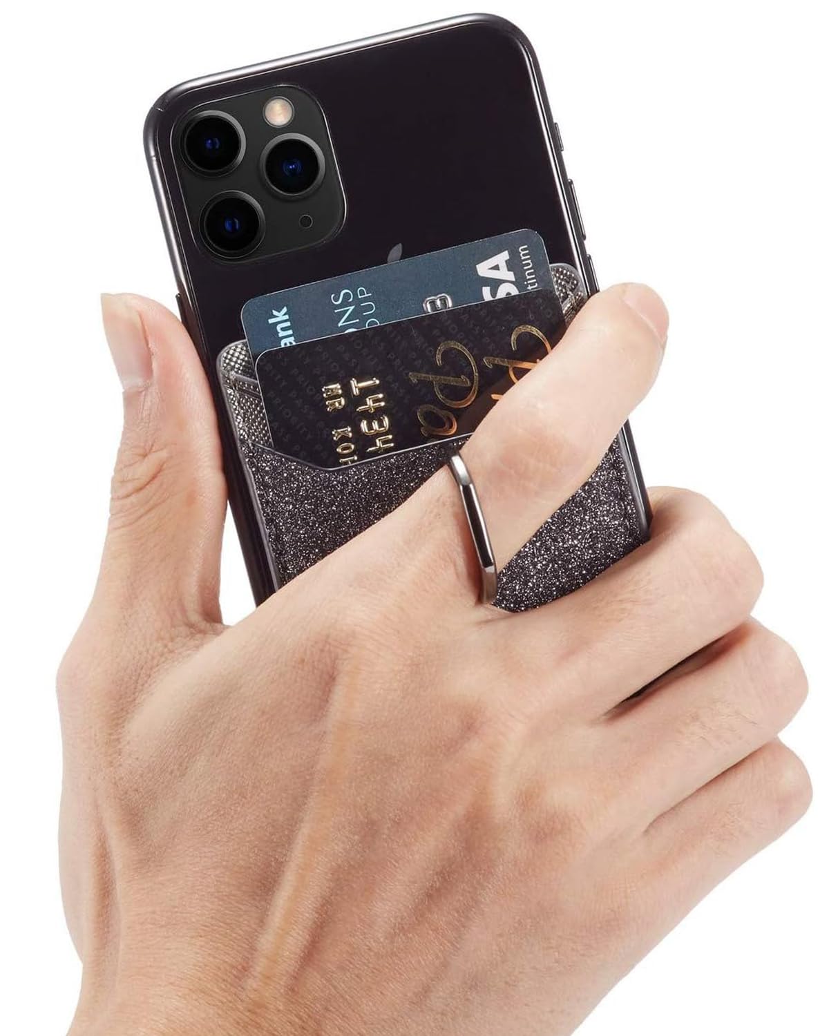 Etui na kartę z tyłu telefonu, pierścień blokujący RFID, portfel kieszonkowy, kij na telefon komórkowy, kredyt na iPhone'a/większość smartfonów (czarny)