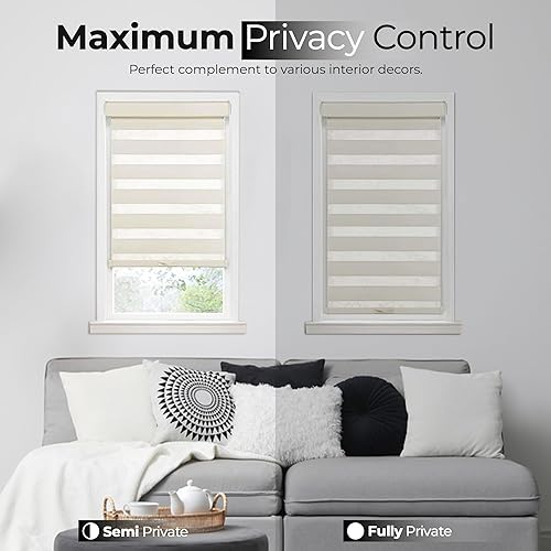 Miniatura 7 de PowerSellerUSA Persiana enrollable sin cordón, de doble capa, con diseño de cebra, con control de luz y de privacidad, 35 x 72 pulgadas, color lino