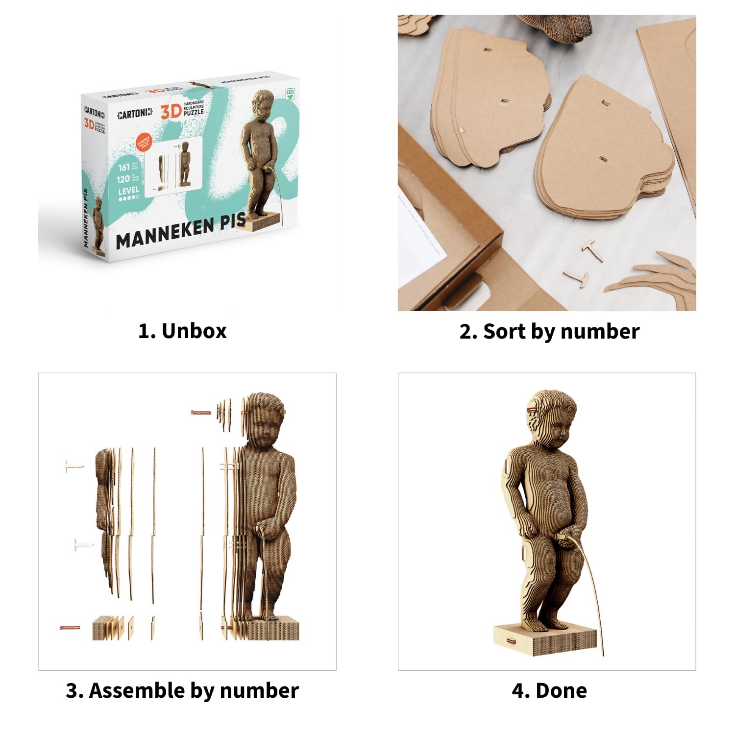 Manneken Pis Puzzle 3D en Carton – Maquette à Monter | 161 Pièces, 30 × 13 × 10 cm – Kit Sculpture DIY à Peindre, Matériaux Recyclés, Ados & Adultes, Idée Cadeau Déco
