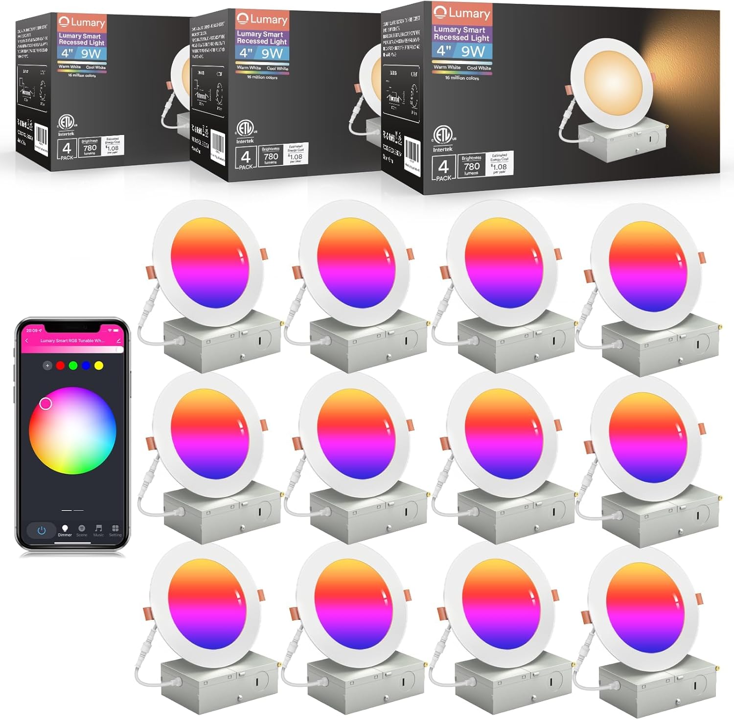 Lumary 4 Inch Ultra-Thin Smart Recessed Lighting, 9W 780LM RGBWW Smart Wafer Lights with Junction Box, Compatible with Alexa/Google Assistant/BT Remote, ETL Listed, 12 Pack Lumary 4 Inch Ultra-Thin Smart Recessed Lighting, 9W 780LM RGBWW Smart Wafer Lights with Junction Box, Compatible with Alexa/Google Assistant/BT Remote, ETL Listed, 12 Pack