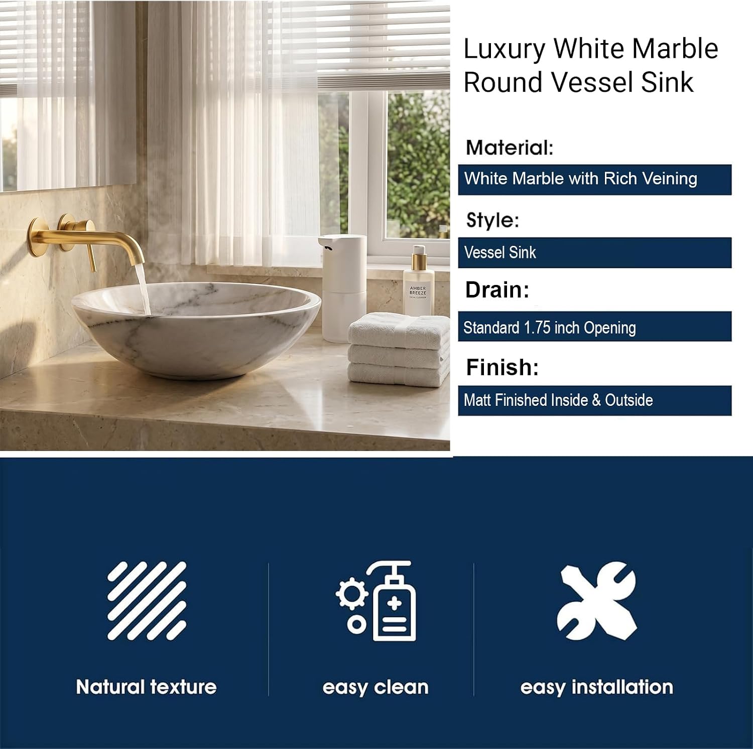 Natural Chaos White Marble Bathroom Sink 17inch Round Shape Vessel Bowl Polished Finished basin