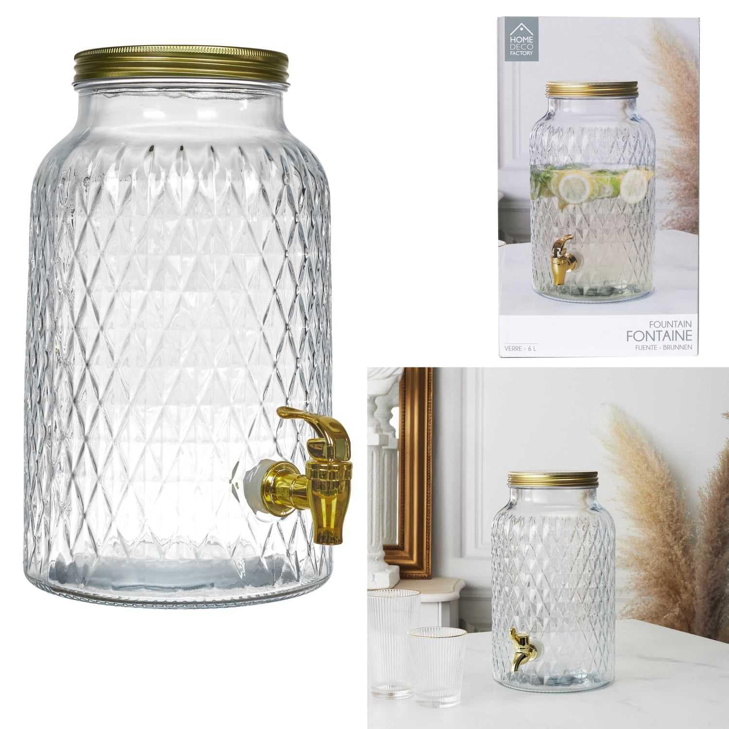 COOK CONCEPT, KA6280, 6-Liter-Trinkbrunnen im Diamant-Design, ideal für Cocktails, Biere und Säfte, praktischer Wasserhahn, perfekt für Partys und Aperitifs – transparent, goldfarben