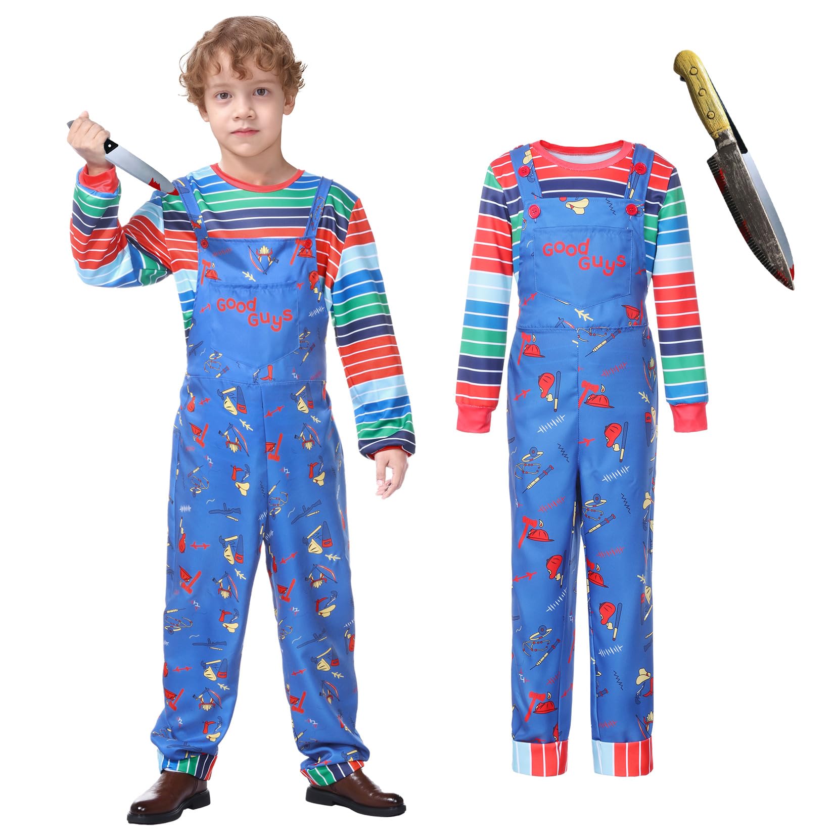 SERTAS Halloween Costumes for Kids,Girls Halloween Costume with Blue Cartoon Jumpsuit Overalls and Striped Shirt and HalloweenKnife for Halloween Party (Set B, 130)
