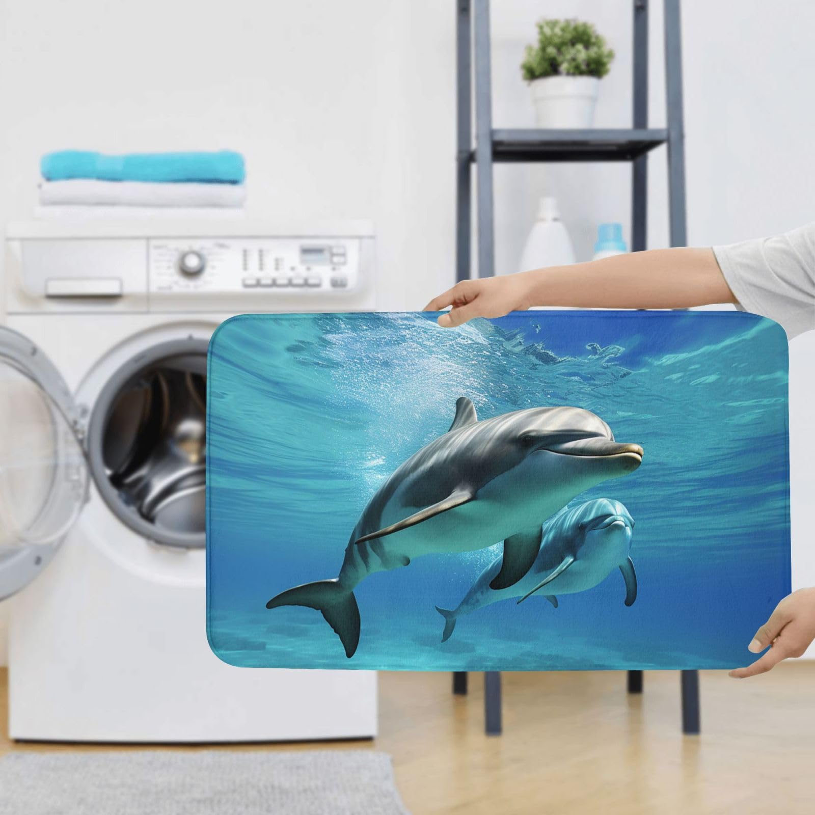 Set di 3 tappetini da bagno con delfino marino, in flanella, morbida, antiscivolo, con coperchio, per decorare la casa
