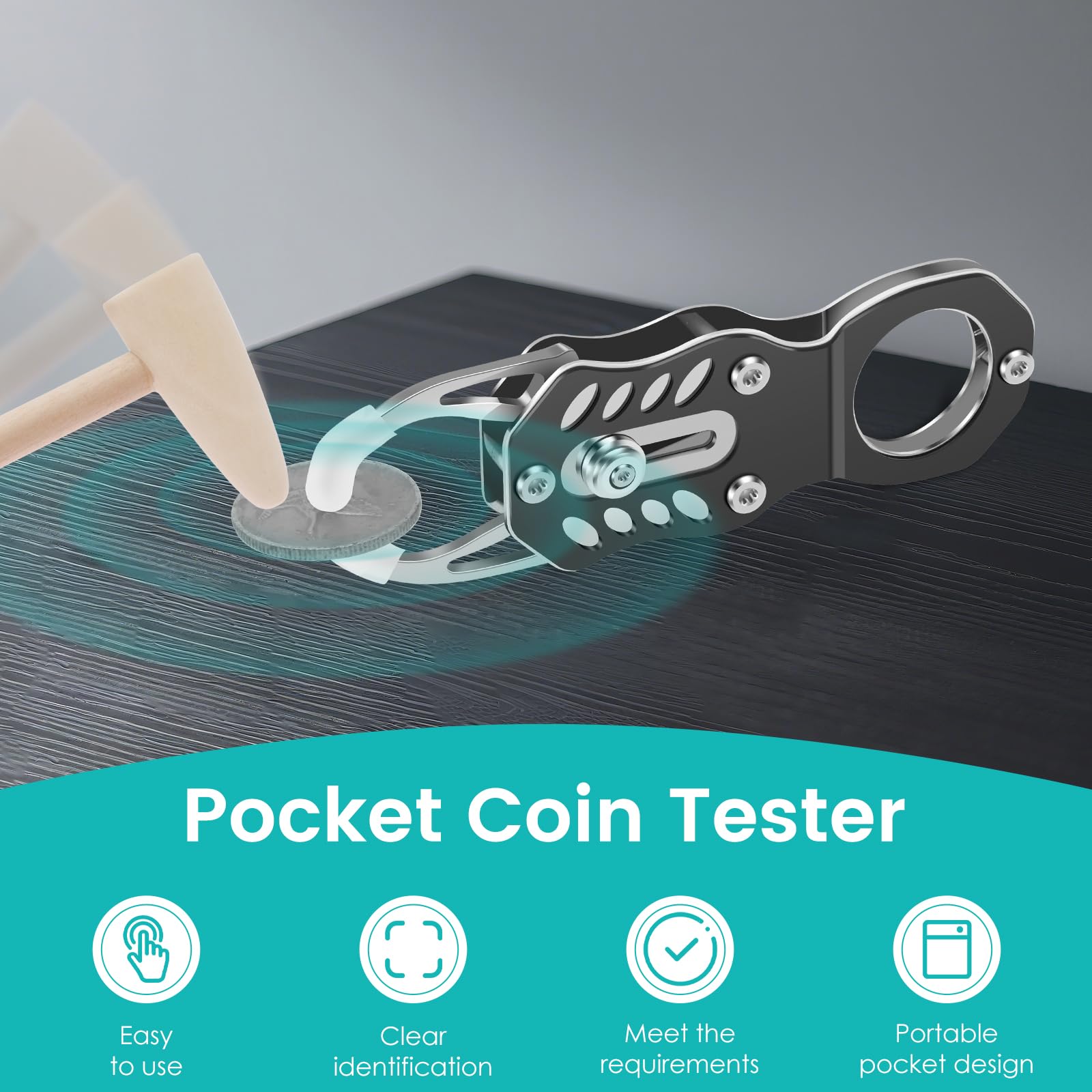 Pocket Pinger - Tester per monete con martello e lente d'ingrandimento, strumento portatile per la risonanza sonora e la verifica delle dimensioni dell'oro e dell'argento, per collezionisti