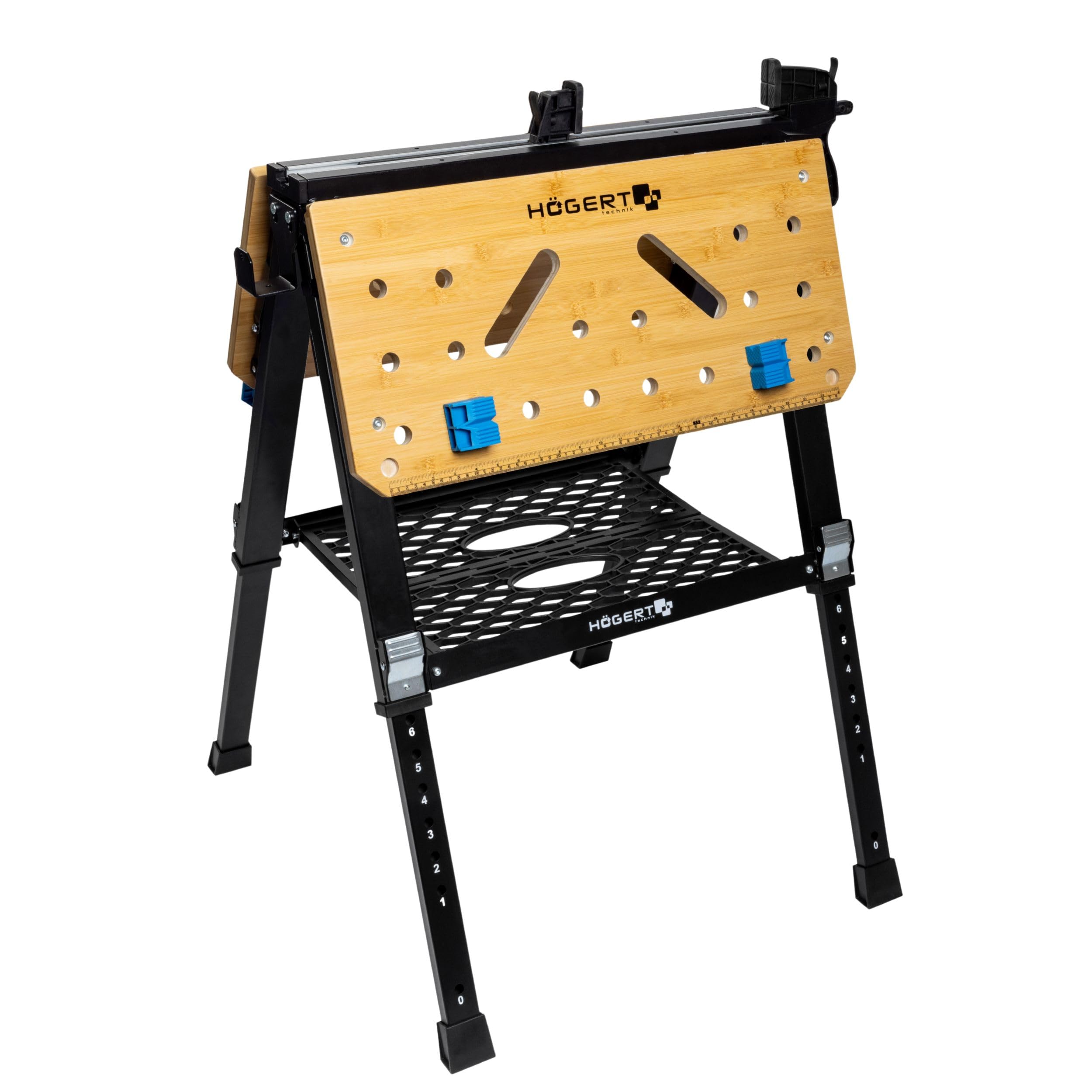 HÖGERT TECHNIK Tavolo da officina pieghevole, 700 x 650 x 915 mm, con piastra in bambù, regolazione in altezza a 5 livelli, capacità di carico 450 kg, fori, raccordi e morsetti di serraggio