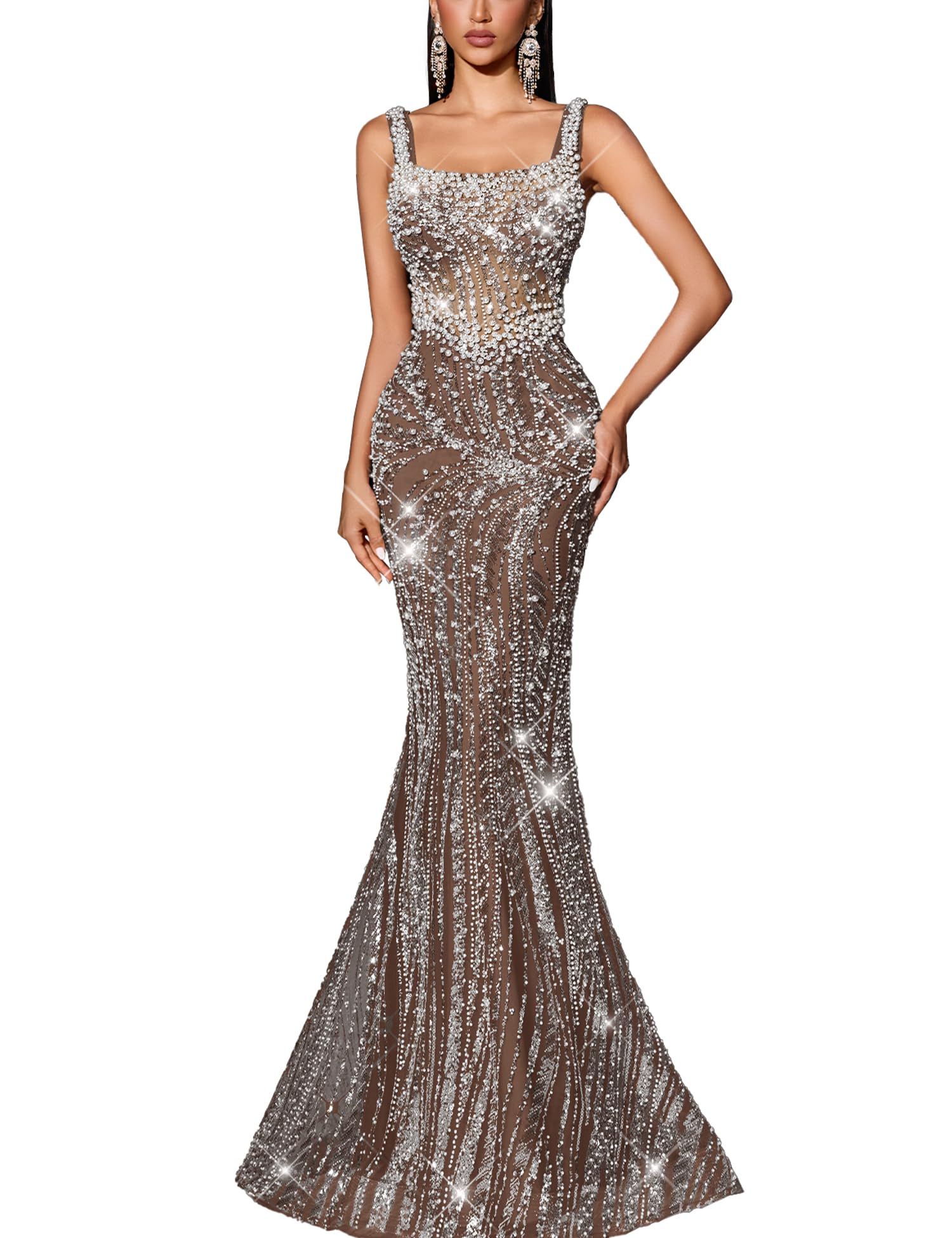 Photo 1 of VOUIAO Women's Square Neck Sequin Beaded Mermaid Formal Evening Dress Spaghetti Strap Bodycon Prom Party Cocktail Maxi Gown Coffee Brown L