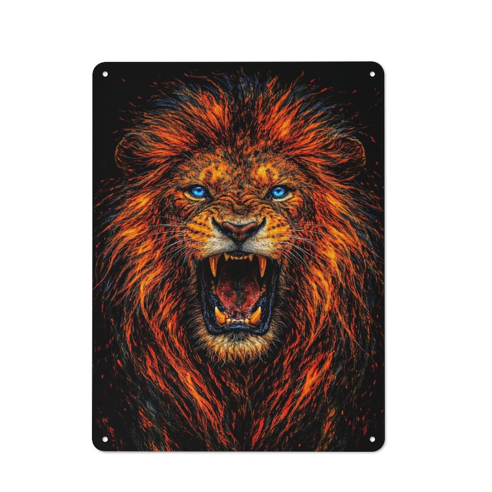 Metal Gift Sign with Roaring Lion with Fiery Mane Design 40x30cm, Character Room Wall Plaque for Flat, Dorm Room, Lounge Or Cafe
