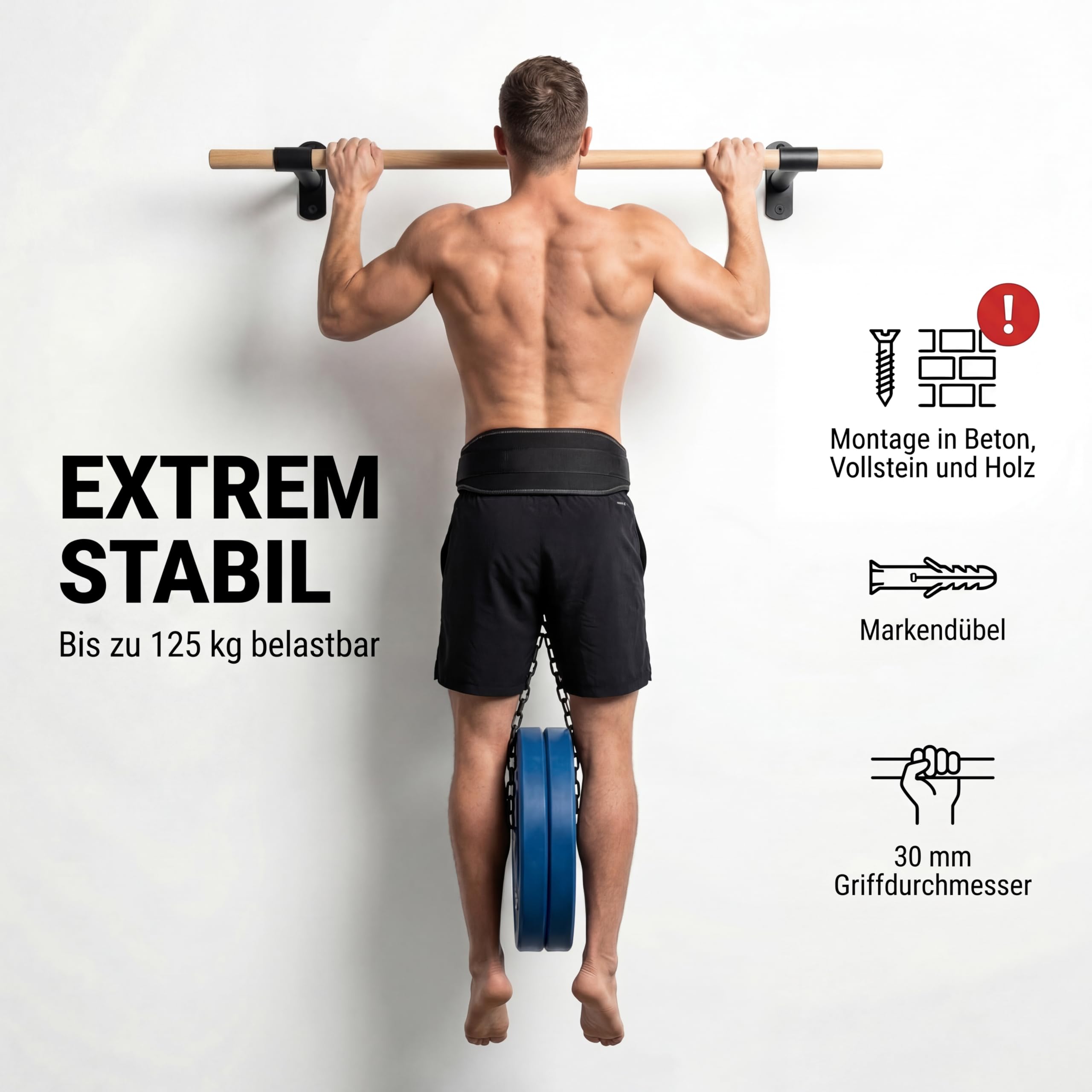 Klimmzugstange Wand - Platzsparende Pull Up Bar aus Holz zur festen Wandmontage - stilvolles Design und hohe Bewegungsfreiheit - Calisthenics Equipment für Zuhause - inkl. Dübel und Schrauben